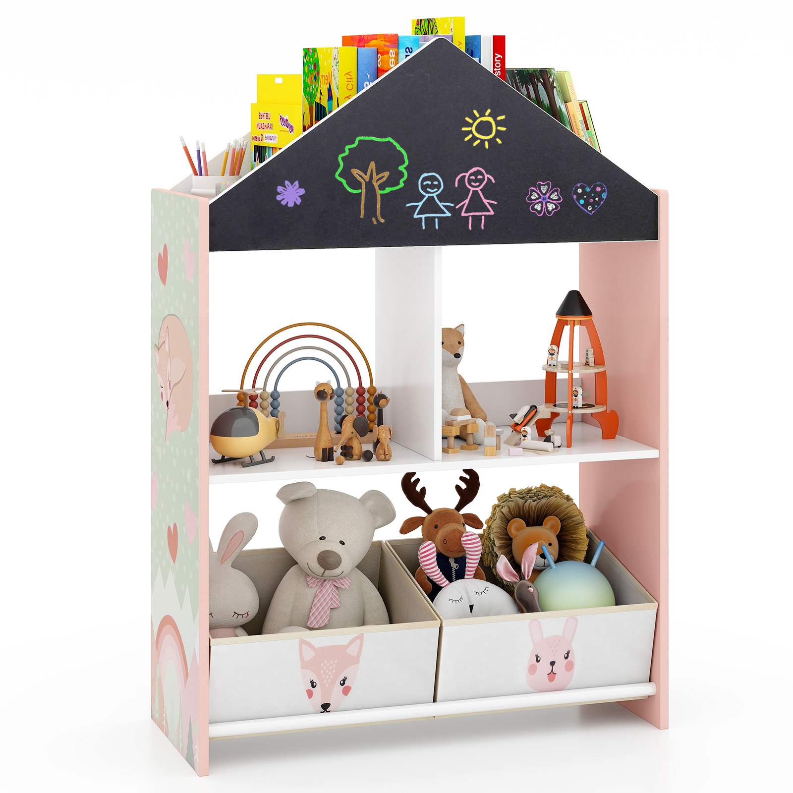 Playhouse Kids Bookshelf Wooden Toy Storage Organizer w/Chalkboard & Whiteboard - Image 10