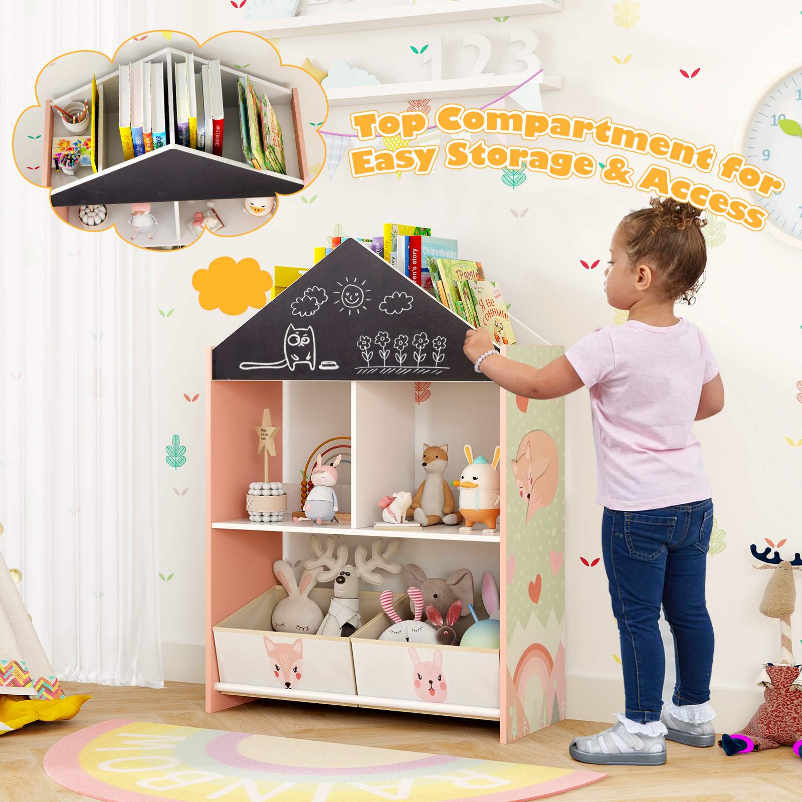 Playhouse Kids Bookshelf Wooden Toy Storage Organizer w/Chalkboard & Whiteboard - Image 11