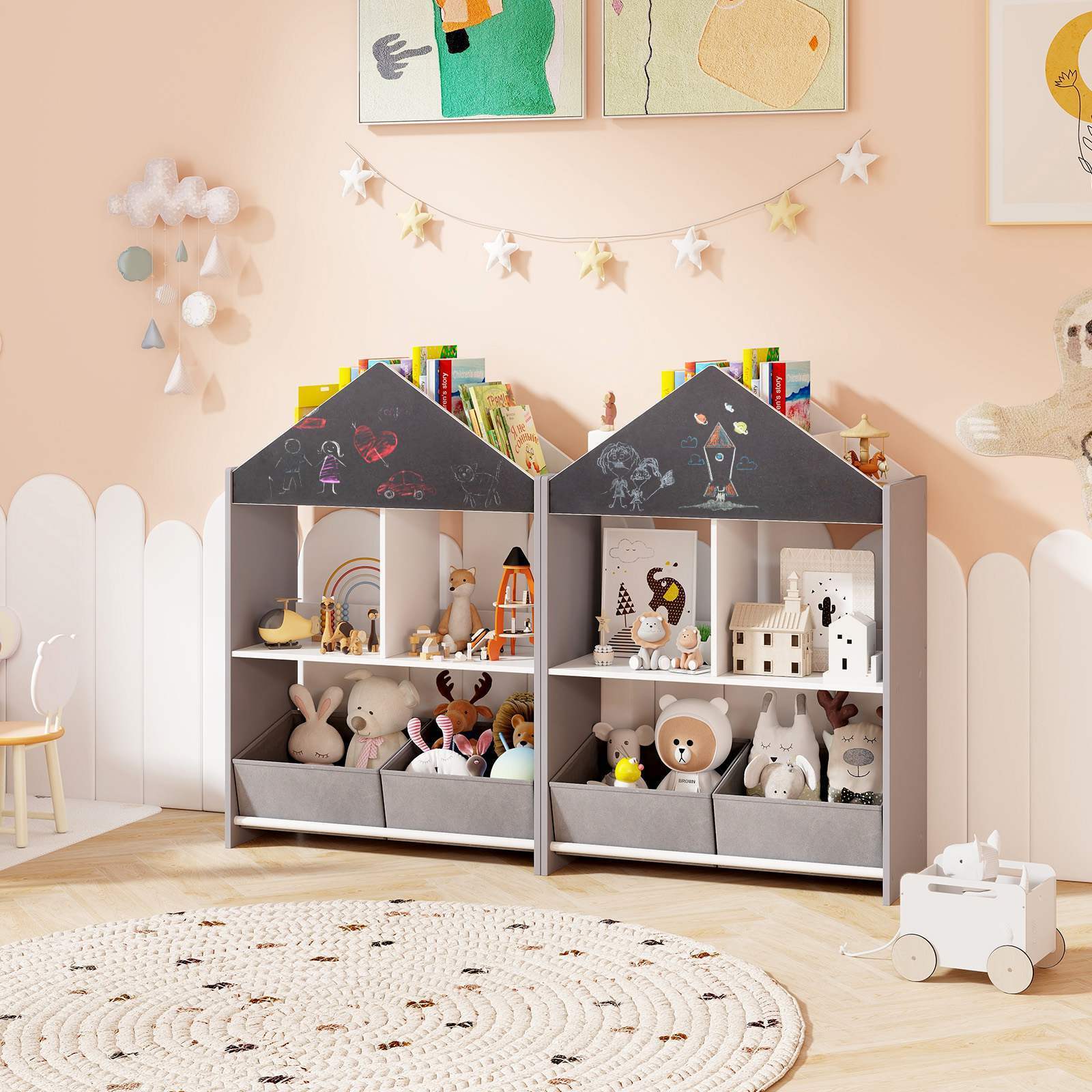 Playhouse Kids Bookshelf Wooden Toy Storage Organizer w/Chalkboard & Whiteboard - Image 3