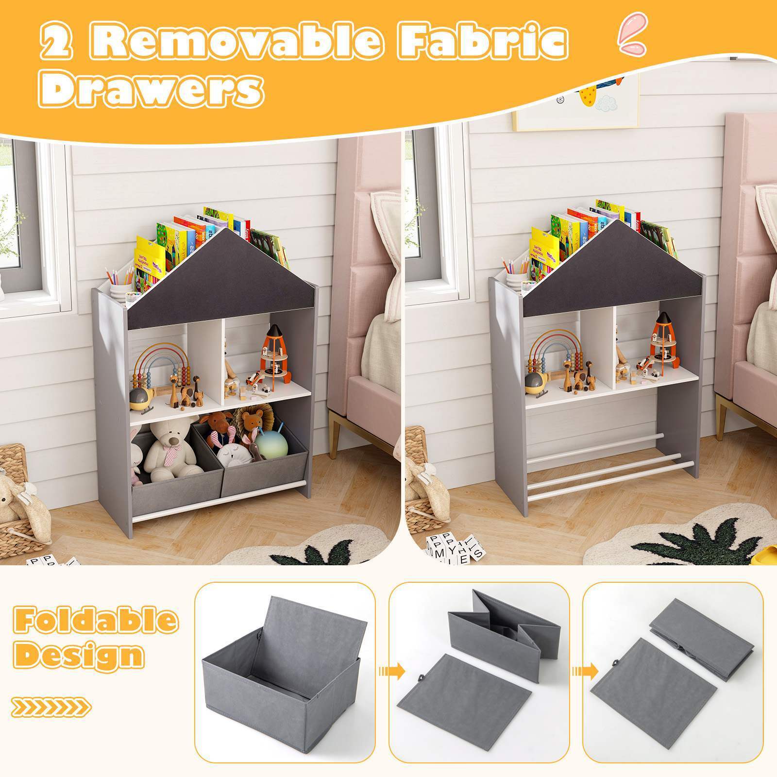 Playhouse Kids Bookshelf Wooden Toy Storage Organizer w/Chalkboard & Whiteboard - Image 6