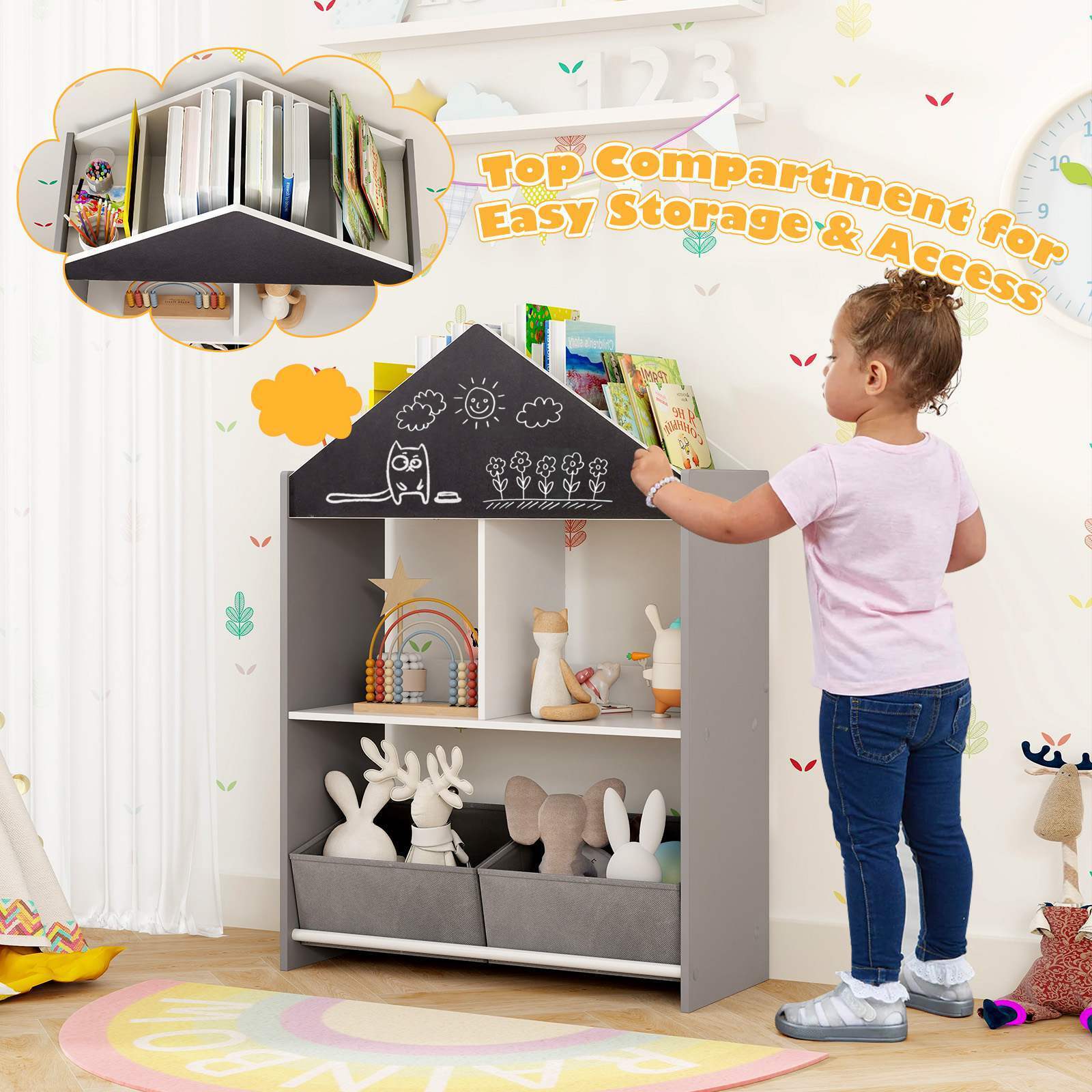 Playhouse Kids Bookshelf Wooden Toy Storage Organizer w/Chalkboard & Whiteboard - Image 7