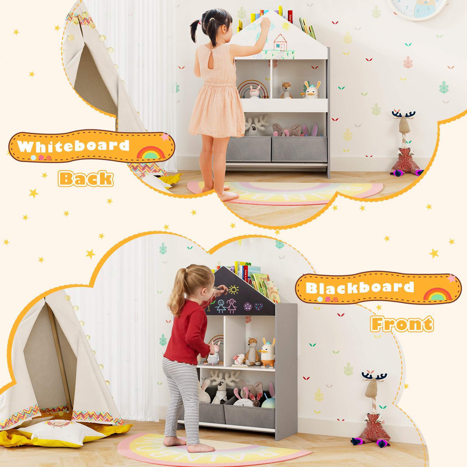 Playhouse Kids Bookshelf Wooden Toy Storage Organizer w/Chalkboard & Whiteboard - Image 9