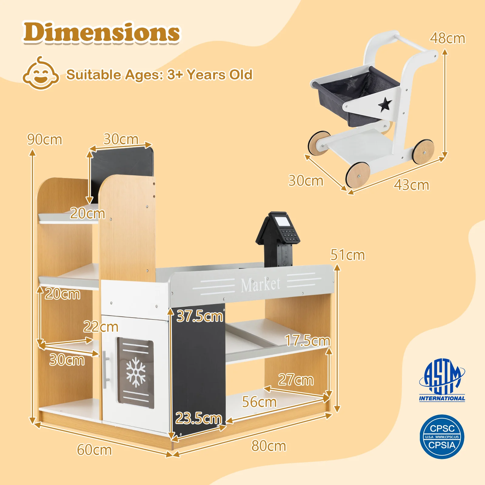 Pretend Play Grocery Store Set, Kids Market Stand with Shopping Cart, 2 Chalkboards & Cash Register - Image 9