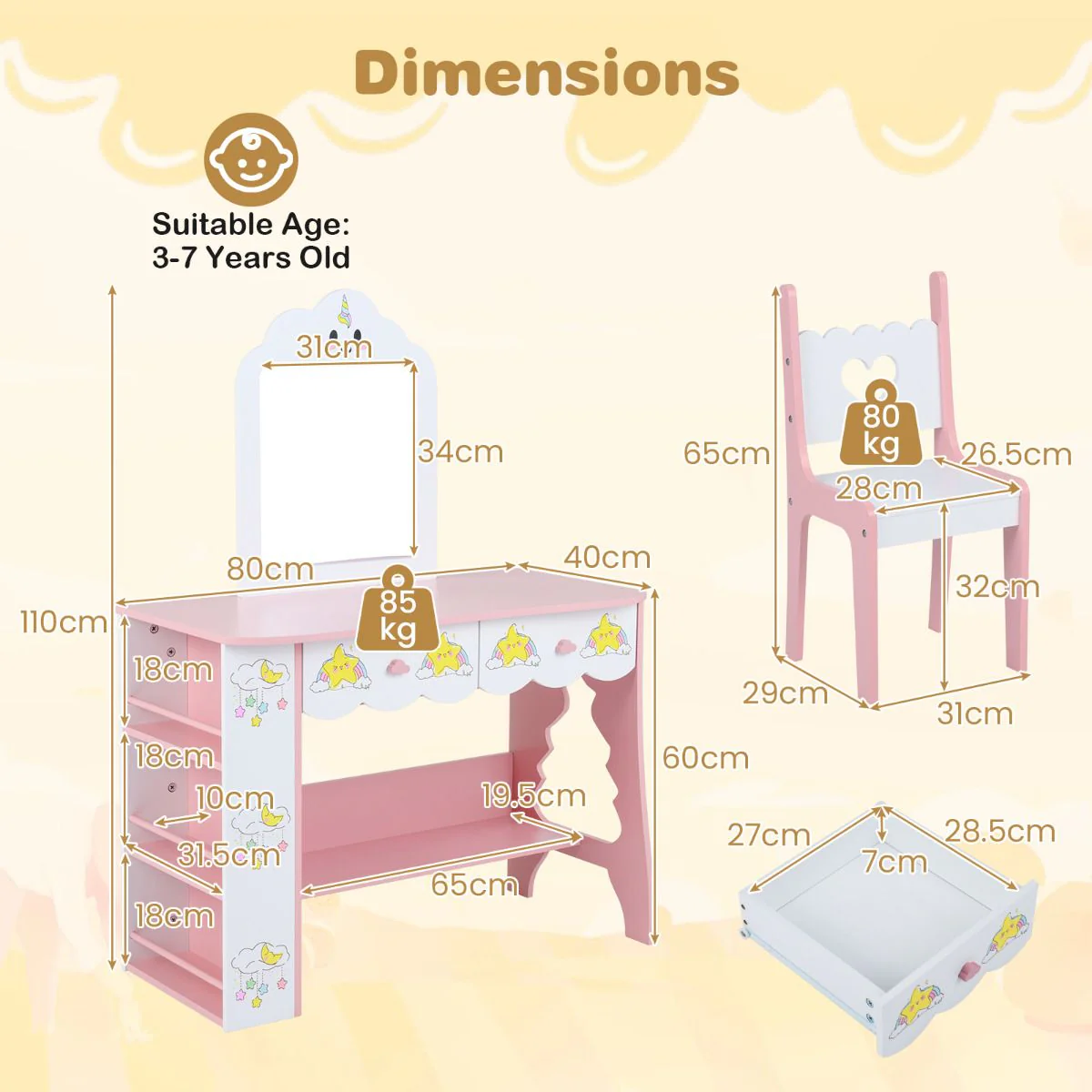 Princess Girls Makeup Table with Mirror and Chair - Image 2