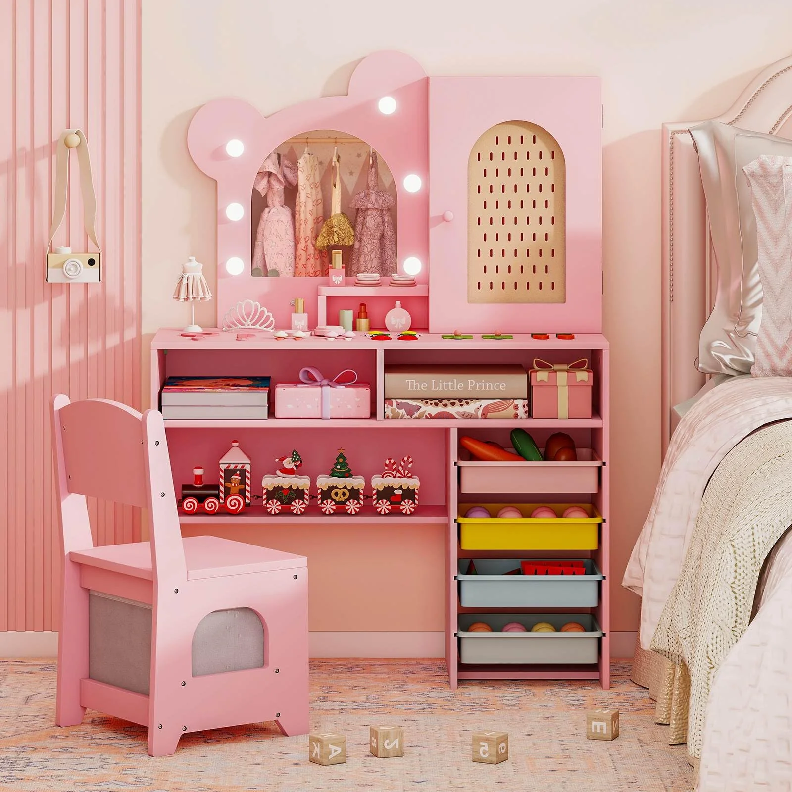 Princess Makeup Dressing Table with 3-Color Lighted Mirror and Cabinet - Image 2