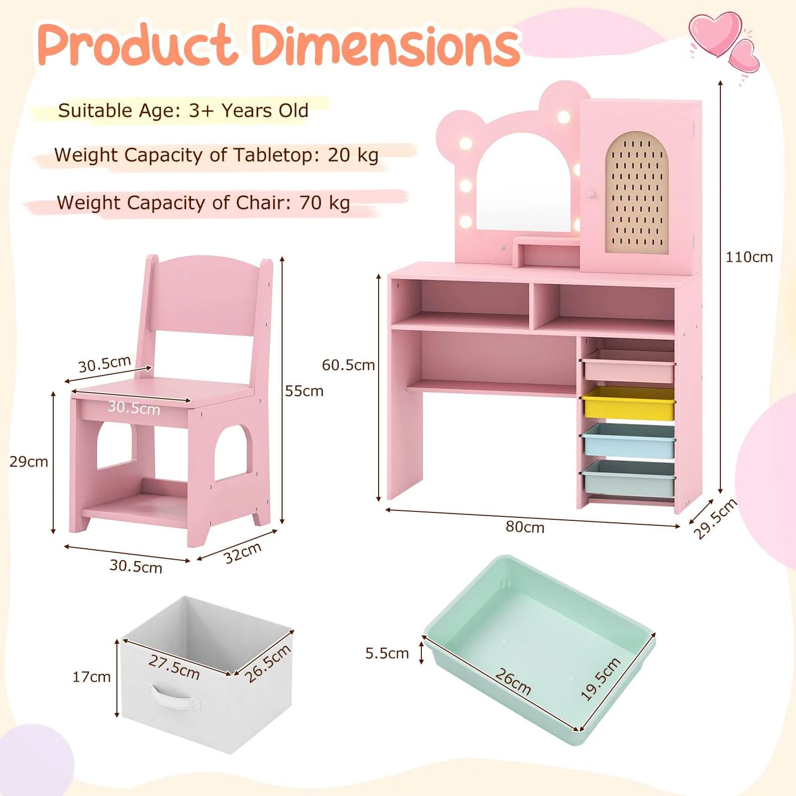 Princess Makeup Dressing Table with 3-Color Lighted Mirror and Cabinet - Image 3