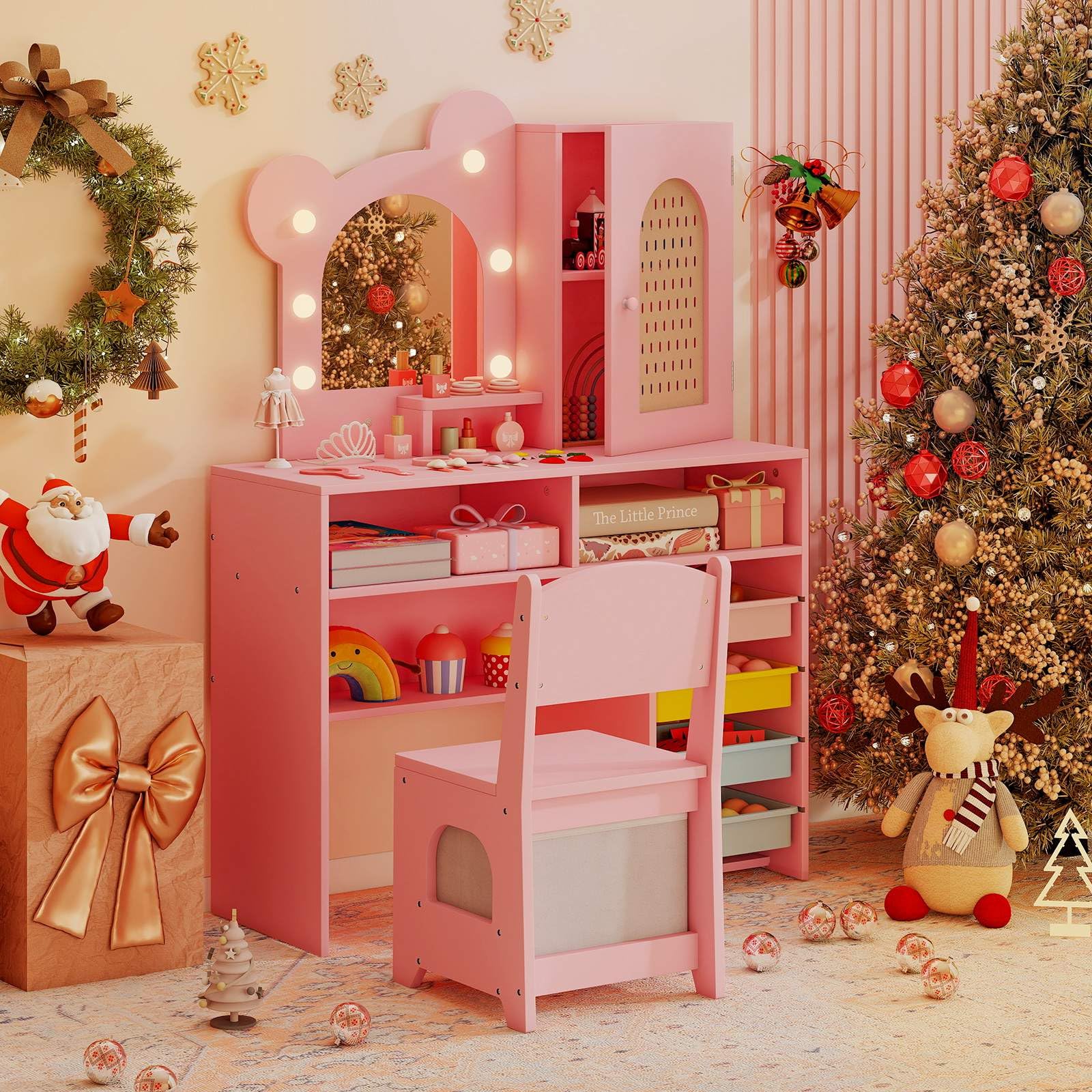 Princess Makeup Dressing Table with 3-Color Lighted Mirror and Cabinet - Image 4