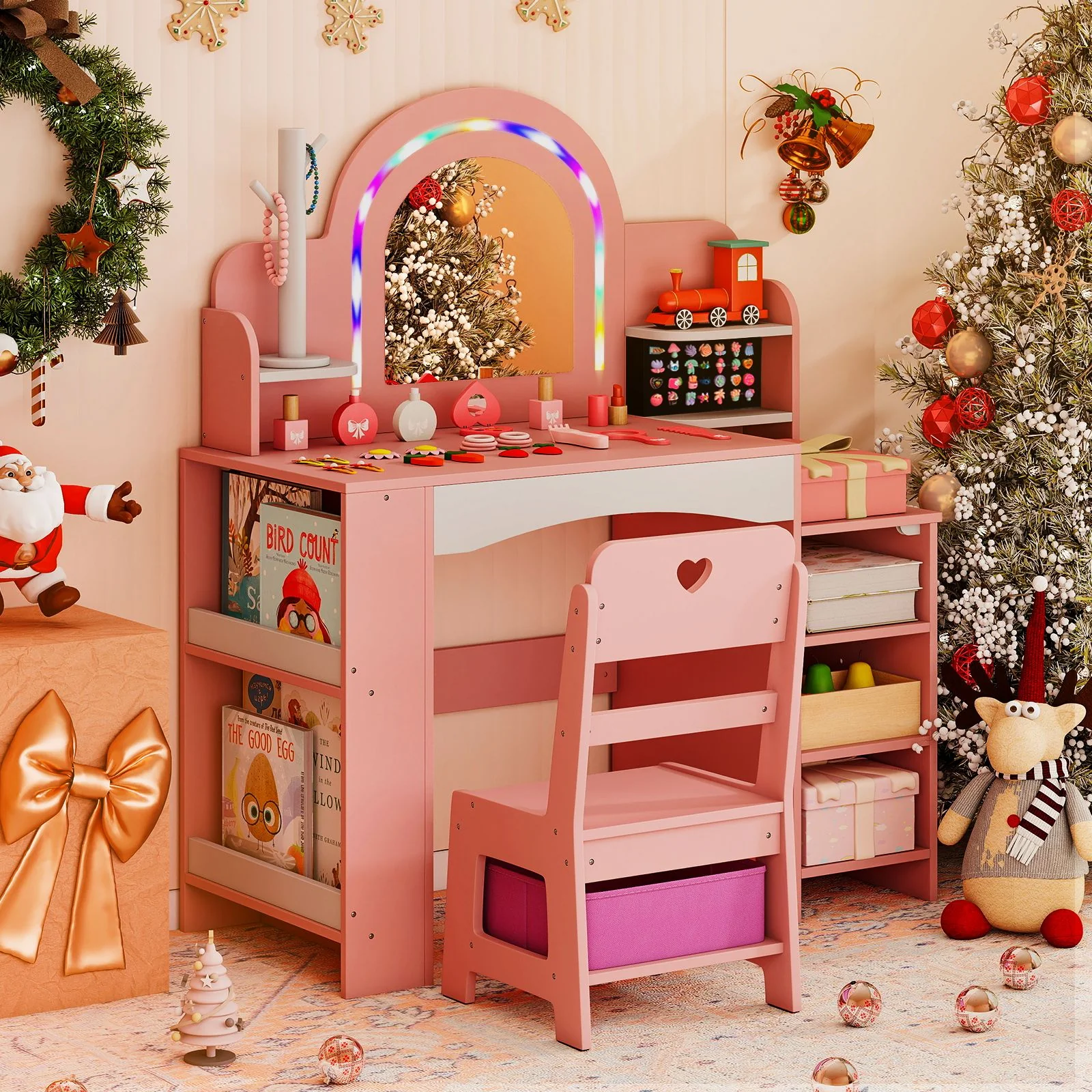 Princess Pretend Play Makeup Table with Open Storage Shelves and Jewelry Rack - Image 2