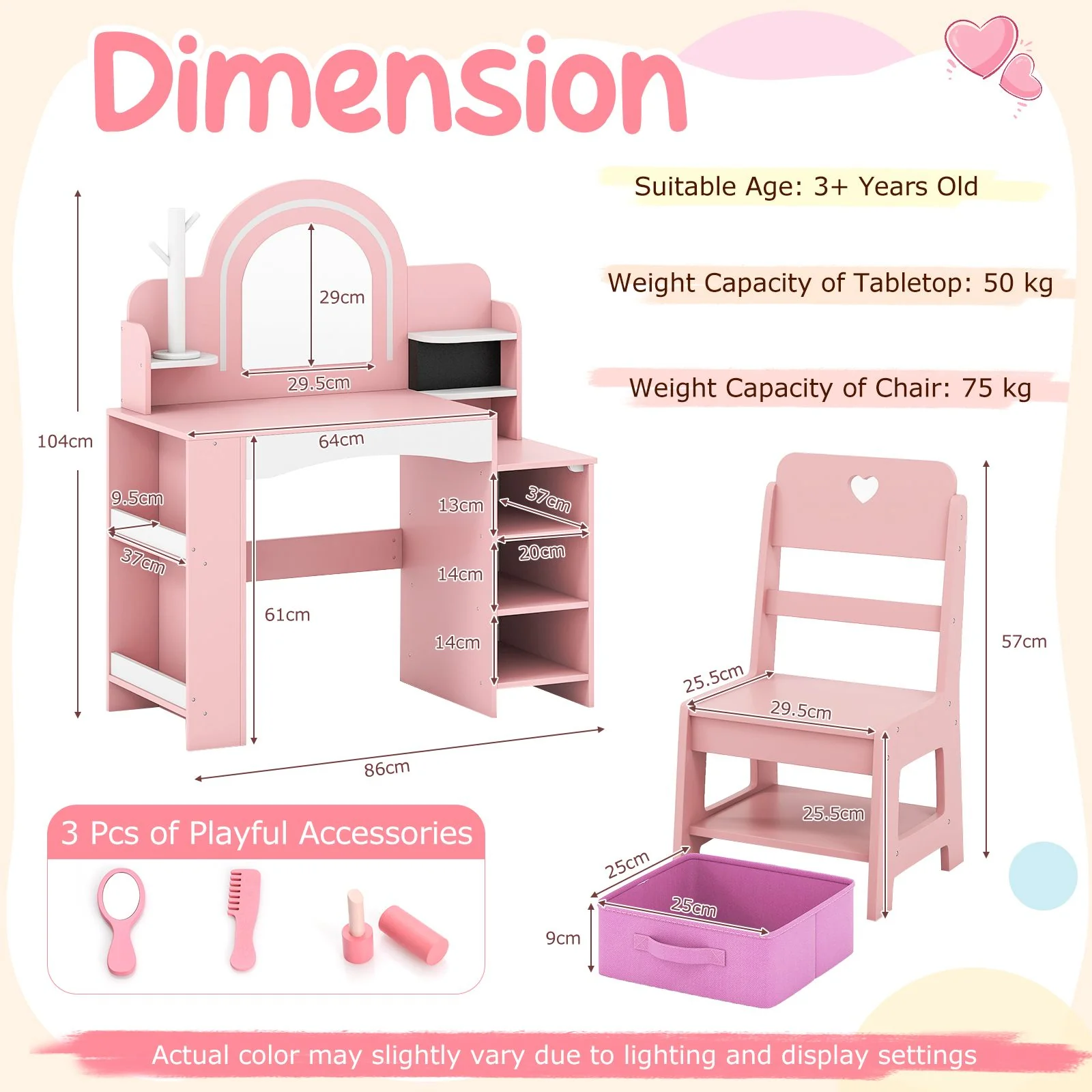 Princess Pretend Play Makeup Table with Open Storage Shelves and Jewelry Rack - Image 3