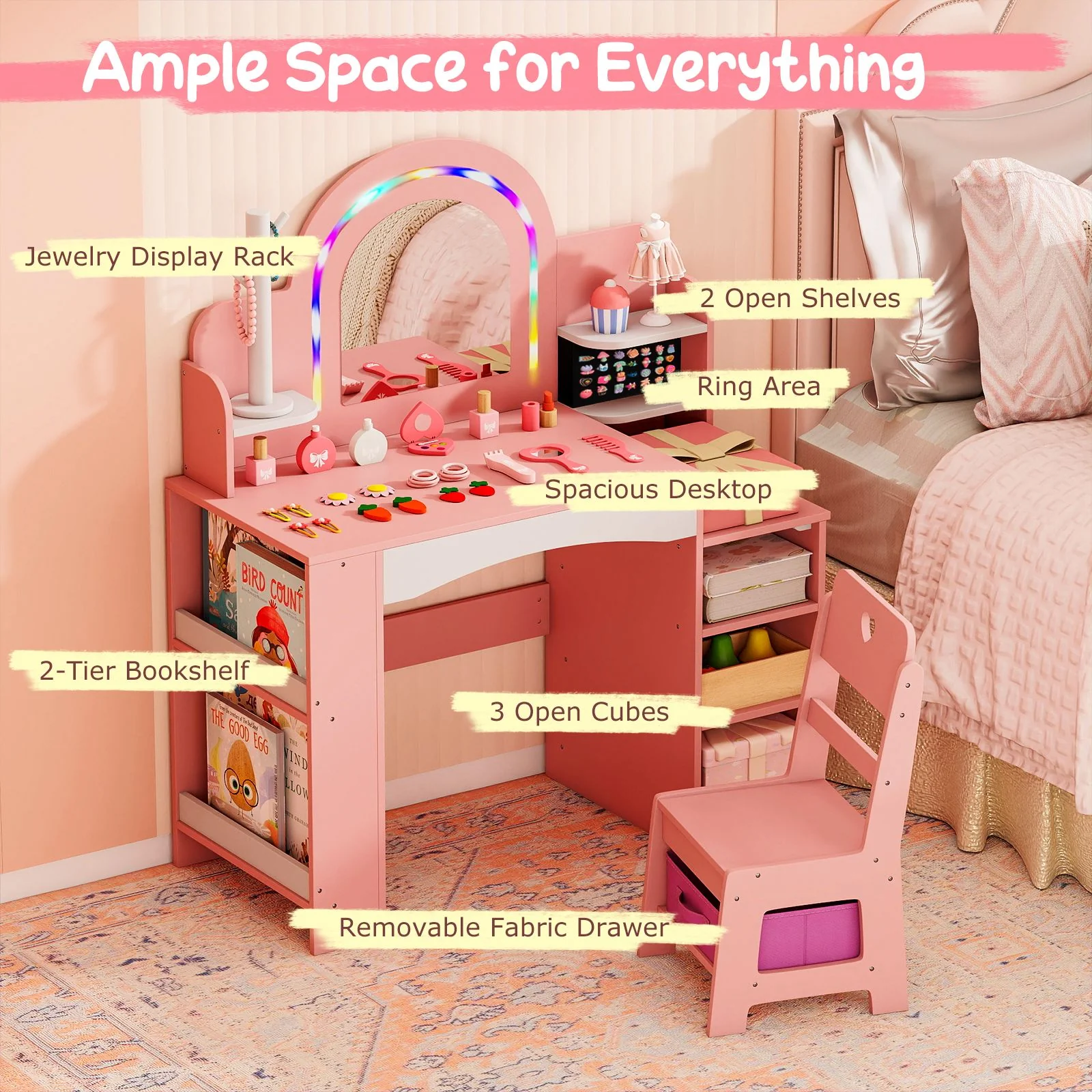 Princess Pretend Play Makeup Table with Open Storage Shelves and Jewelry Rack - Image 4