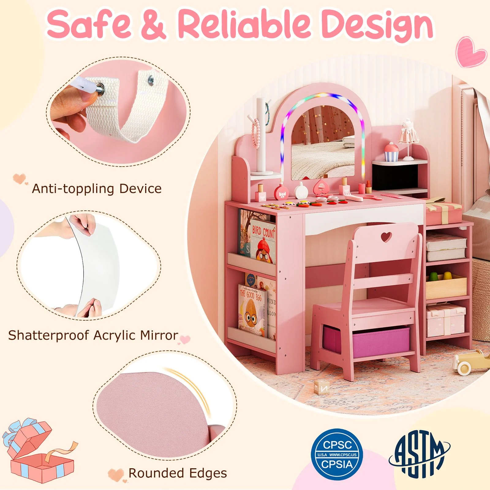 Princess Pretend Play Makeup Table with Open Storage Shelves and Jewelry Rack - Image 8