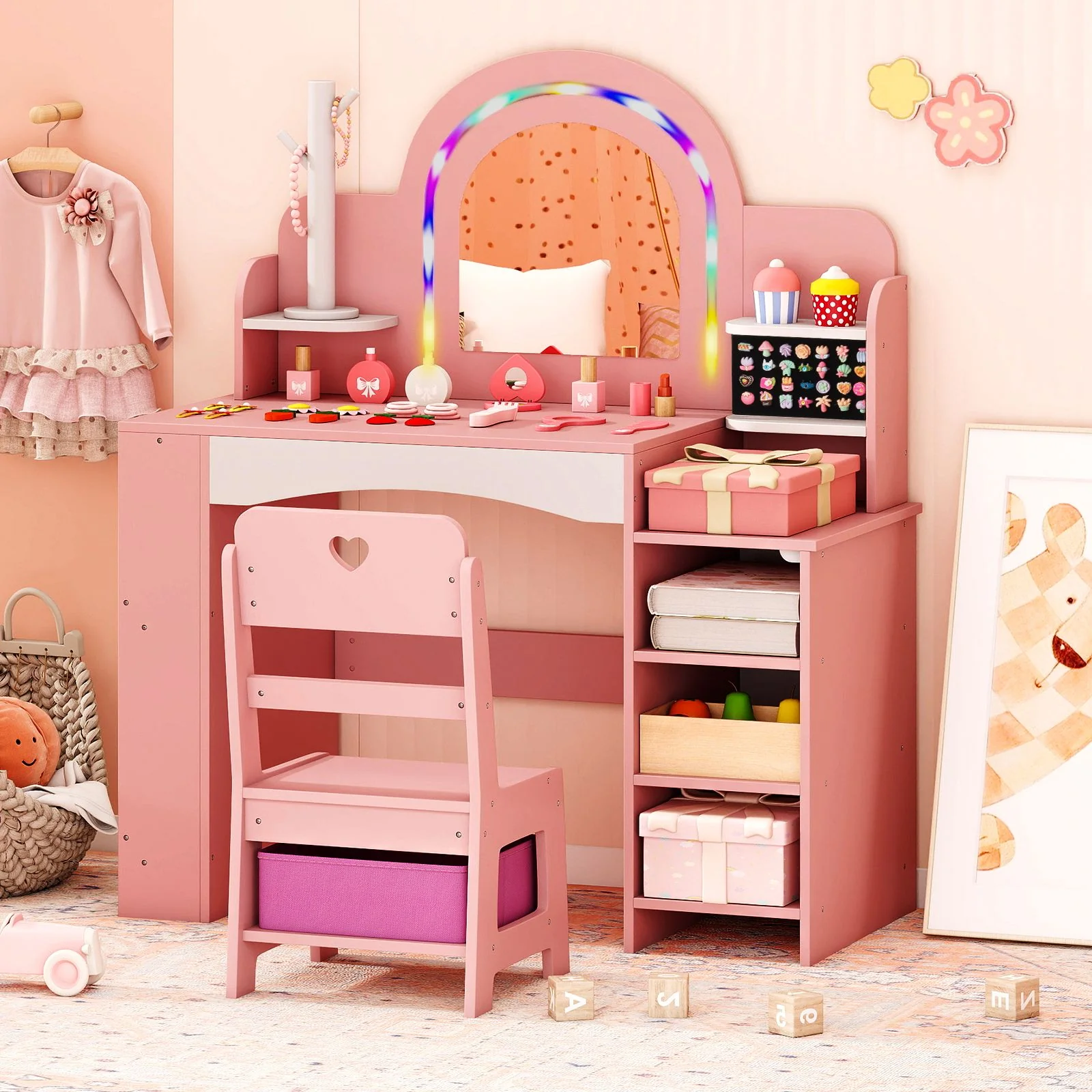 Princess Pretend Play Makeup Table with Open Storage Shelves and Jewelry Rack - Image 9