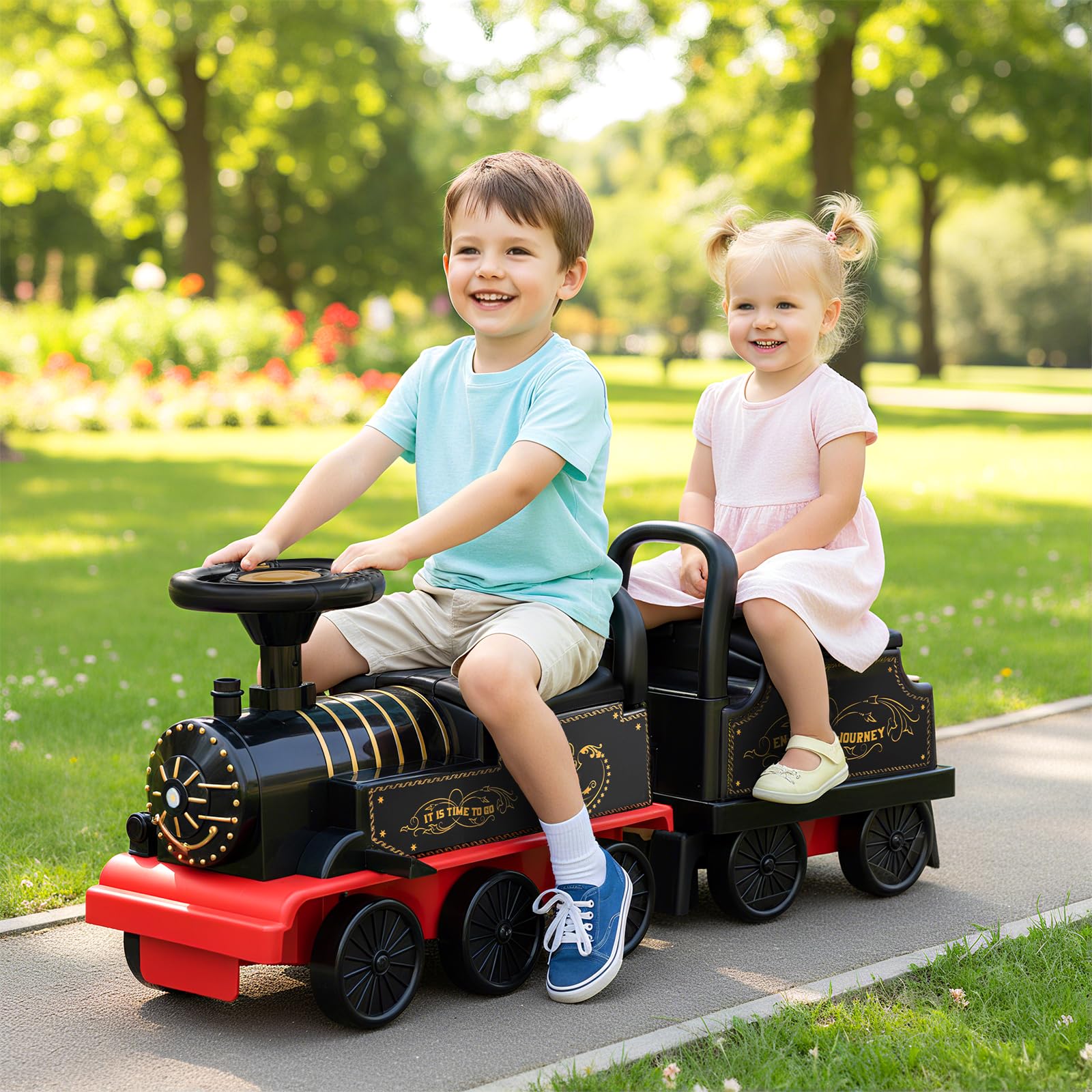 Ride on Train with Carriage, 6V 2-Seater Battery Powered Ride on Toy with Under-Seat Storage - Image 2