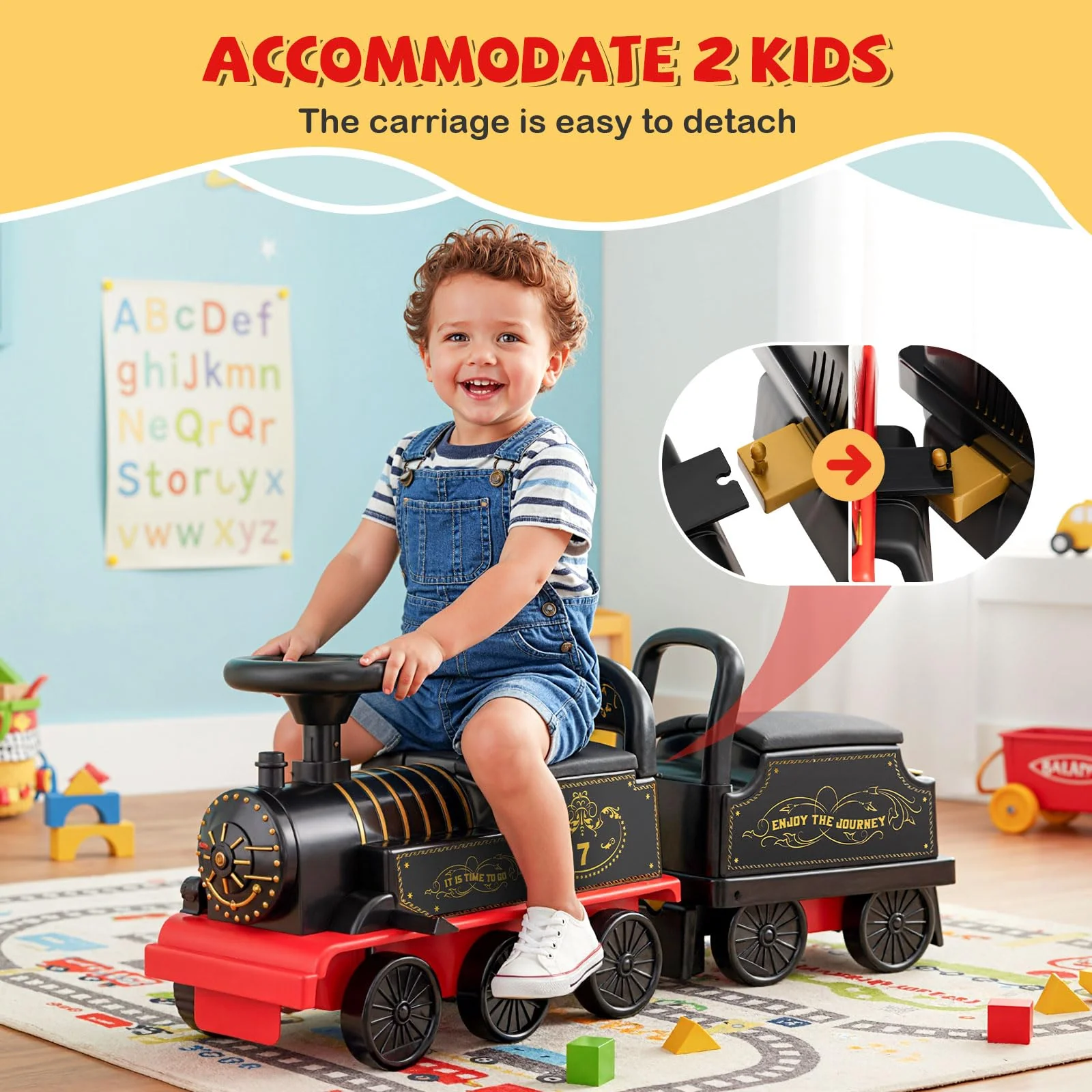 Ride on Train with Carriage, 6V 2-Seater Battery Powered Ride on Toy with Under-Seat Storage - Image 3