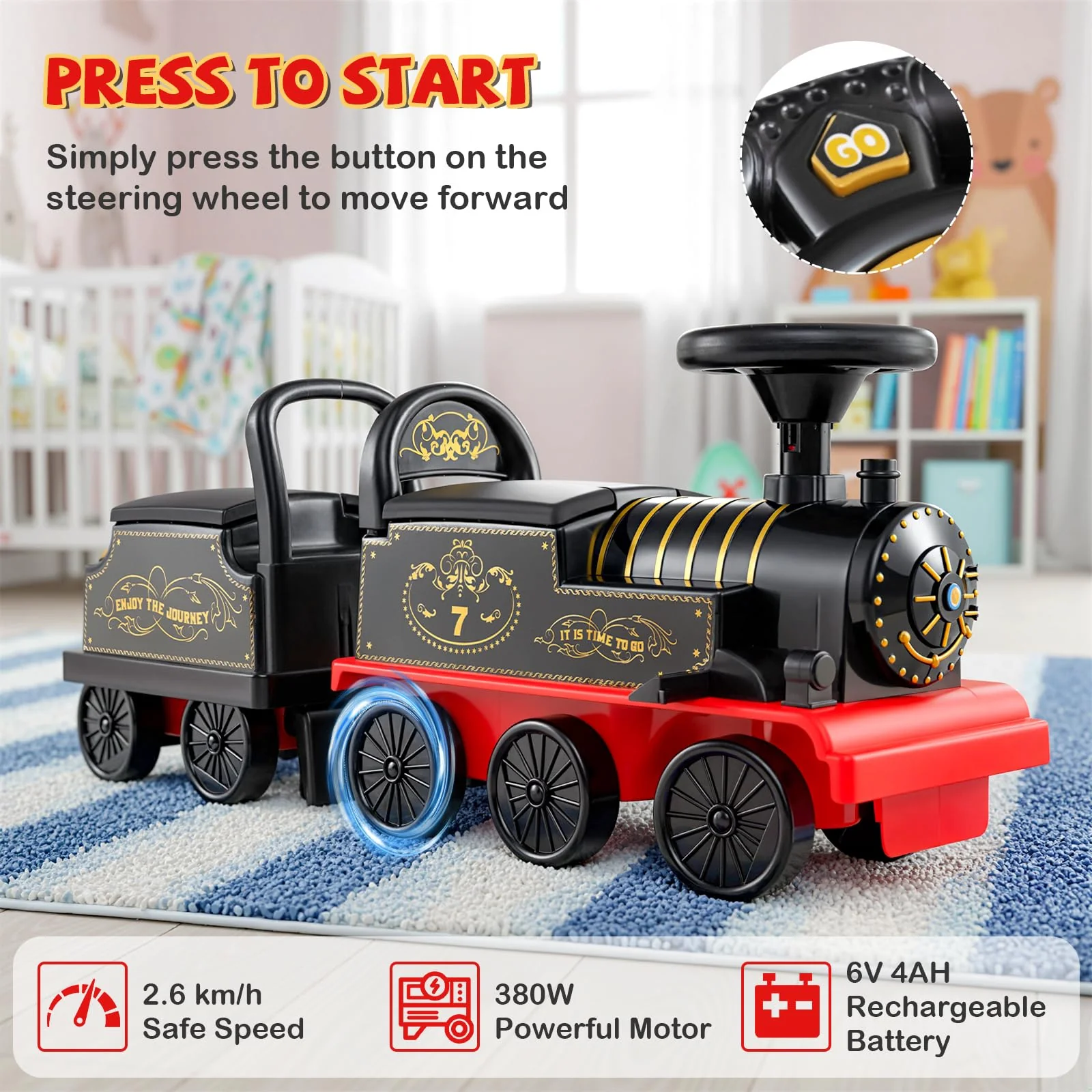 Ride on Train with Carriage, 6V 2-Seater Battery Powered Ride on Toy with Under-Seat Storage - Image 4