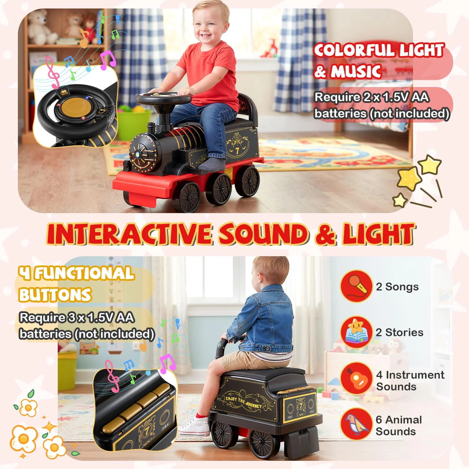 Ride on Train with Carriage, 6V 2-Seater Battery Powered Ride on Toy with Under-Seat Storage - Image 5