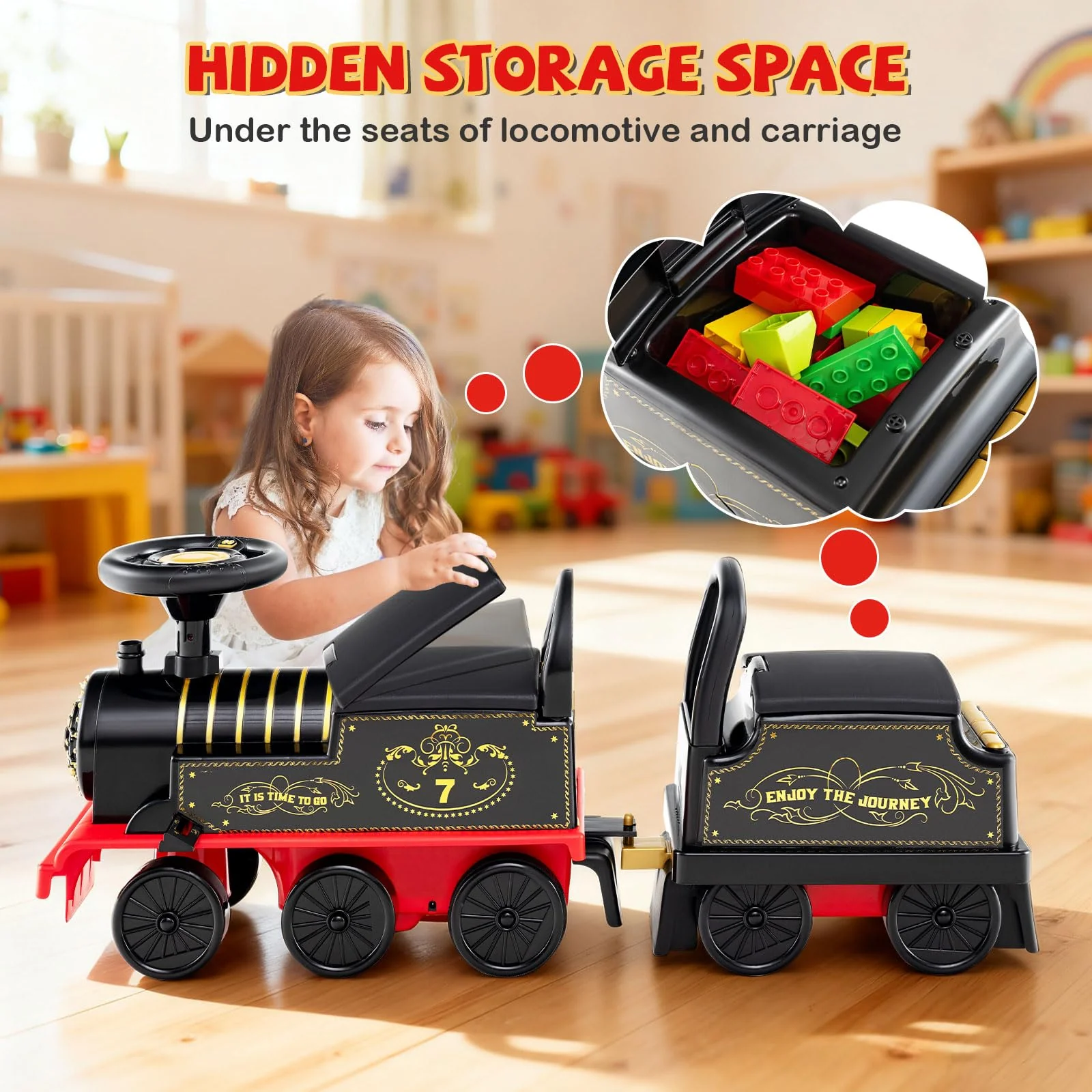 Ride on Train with Carriage, 6V 2-Seater Battery Powered Ride on Toy with Under-Seat Storage - Image 7