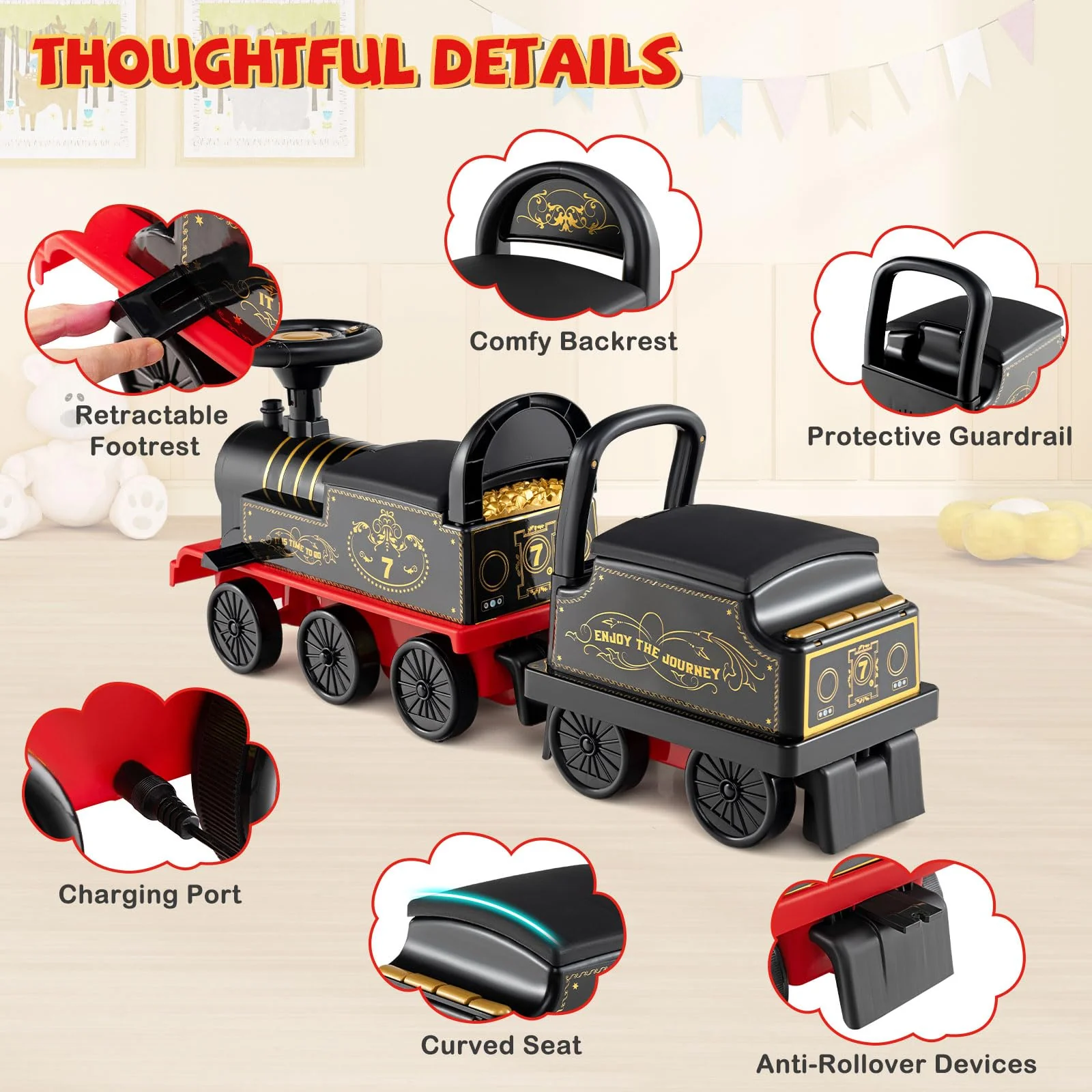Ride on Train with Carriage, 6V 2-Seater Battery Powered Ride on Toy with Under-Seat Storage - Image 8