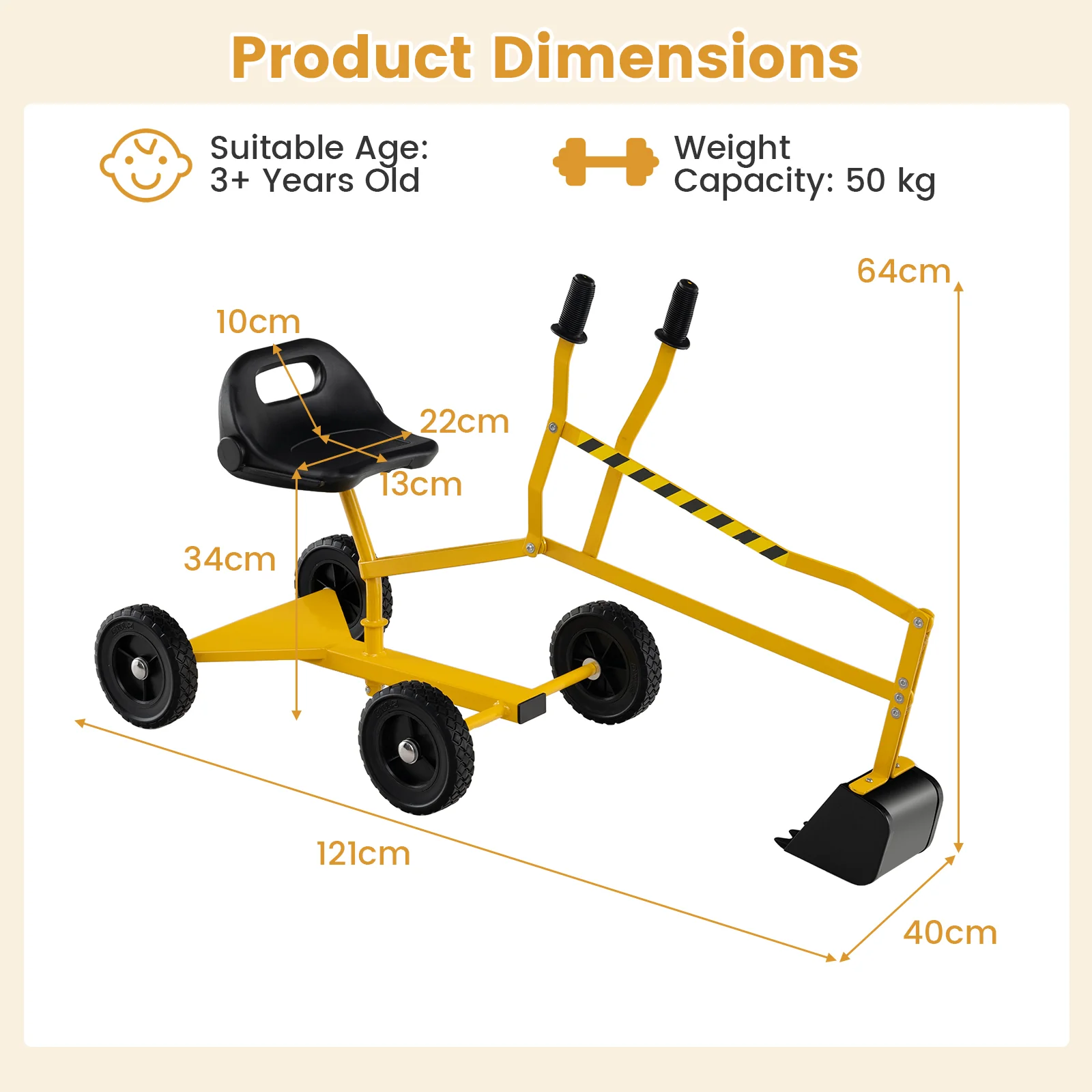 Sandbox Toy Digger w/ 2-Handed Controls & Flexible Shovel, 360° Rotatable Function & Ergonomic Backrest - Image 5