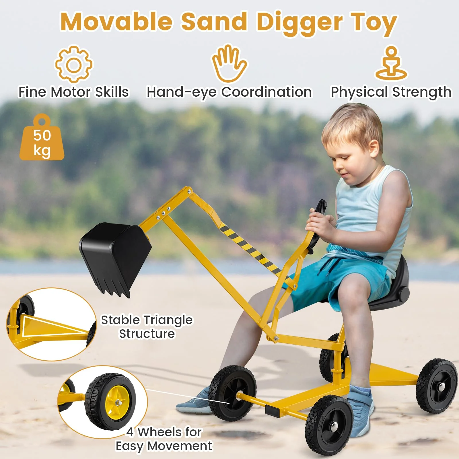Sandbox Toy Digger w/ 2-Handed Controls & Flexible Shovel, 360° Rotatable Function & Ergonomic Backrest - Image 6