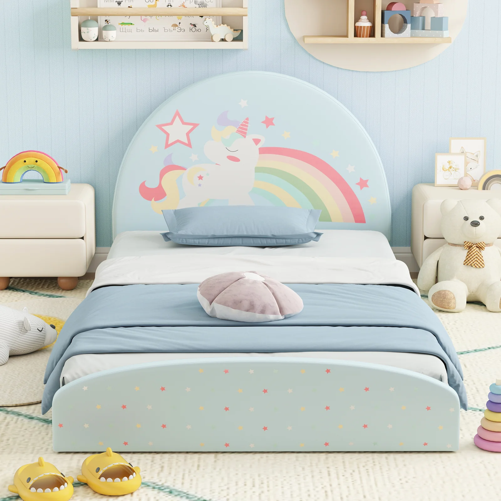 Single Floor Bed Frame, Upholstered Twin Size Kids Floor Bed with 210D Oxford Cloth Floor Mat - Image 3