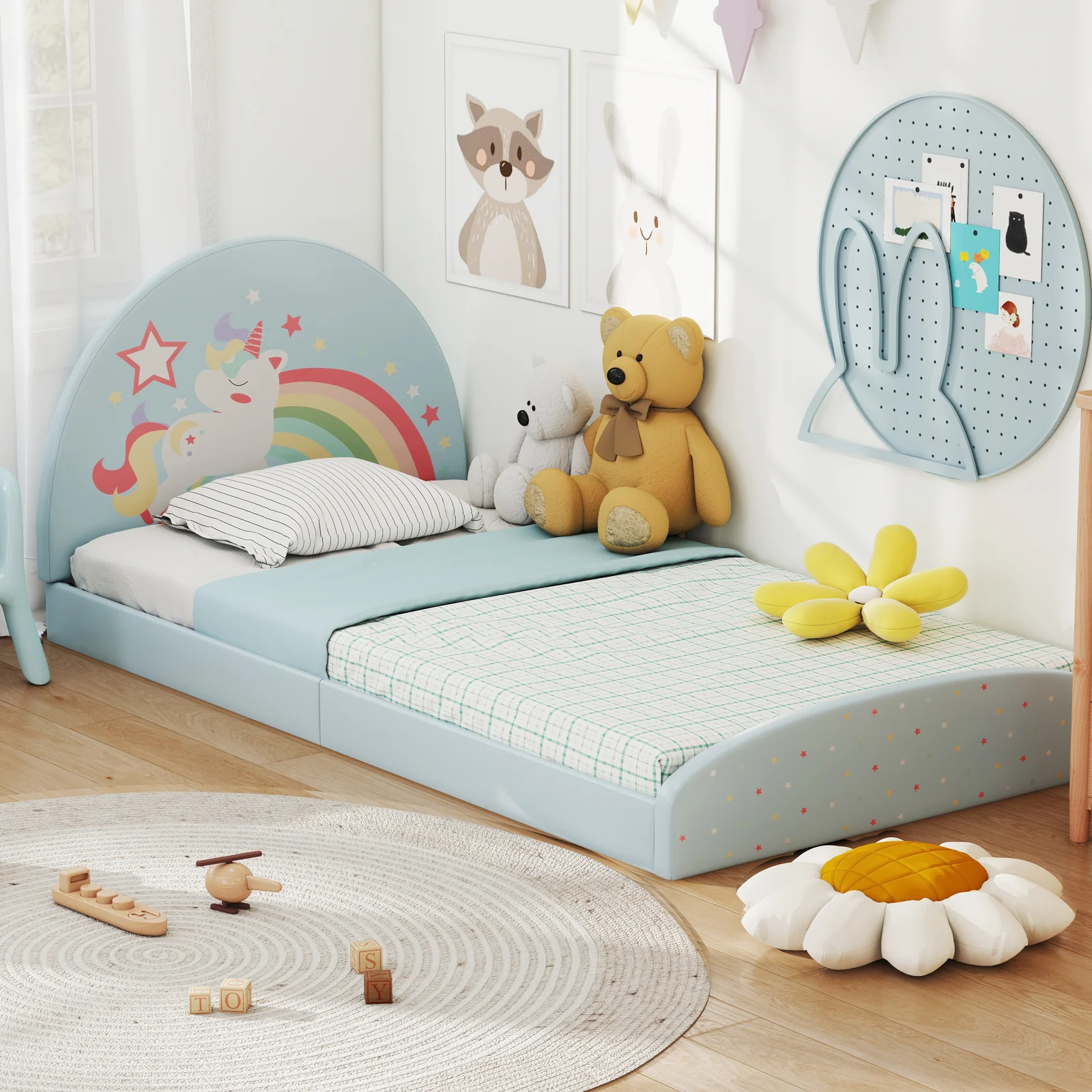 Single Floor Bed Frame, Upholstered Twin Size Kids Floor Bed with 210D Oxford Cloth Floor Mat - Image 4