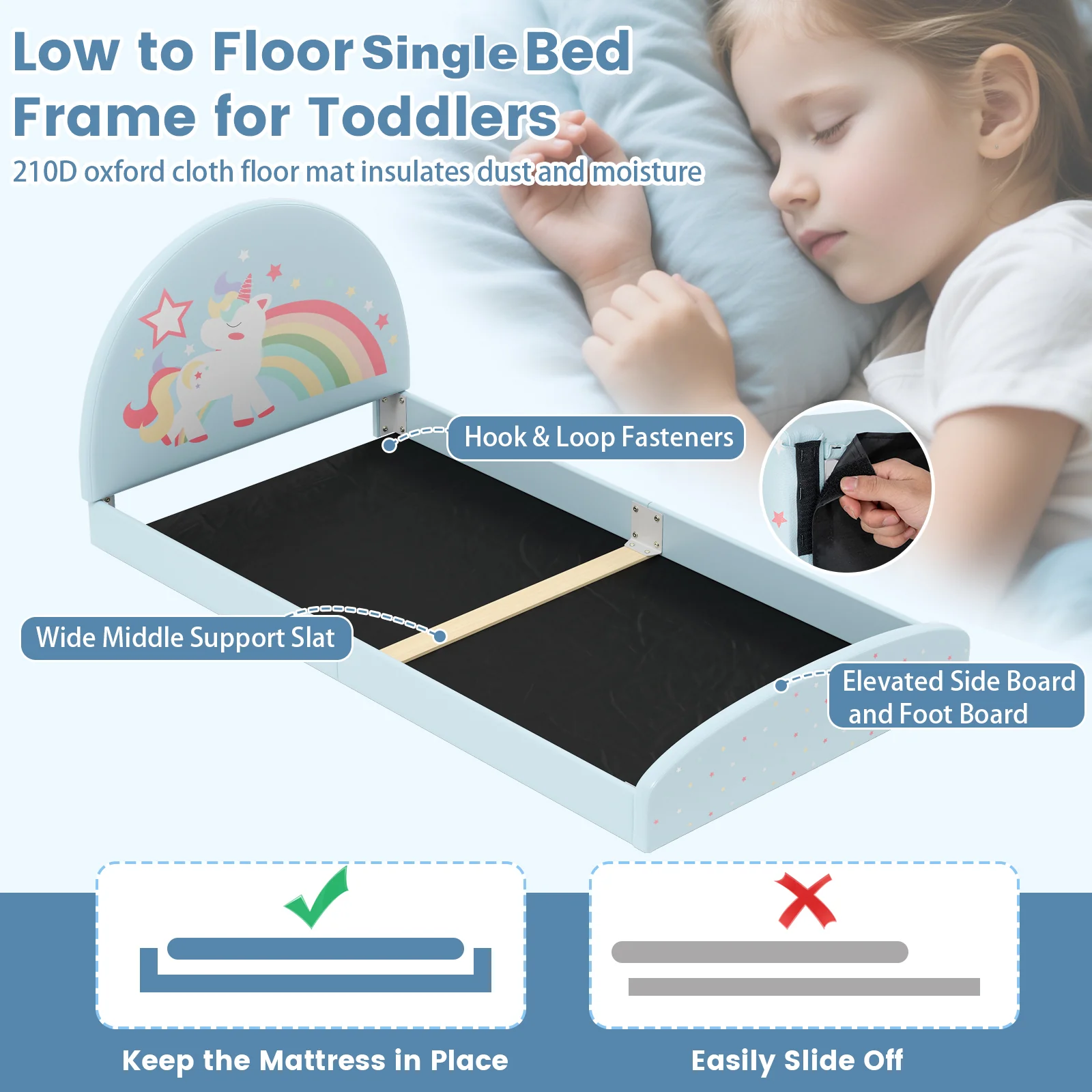 Single Floor Bed Frame, Upholstered Twin Size Kids Floor Bed with 210D Oxford Cloth Floor Mat - Image 6