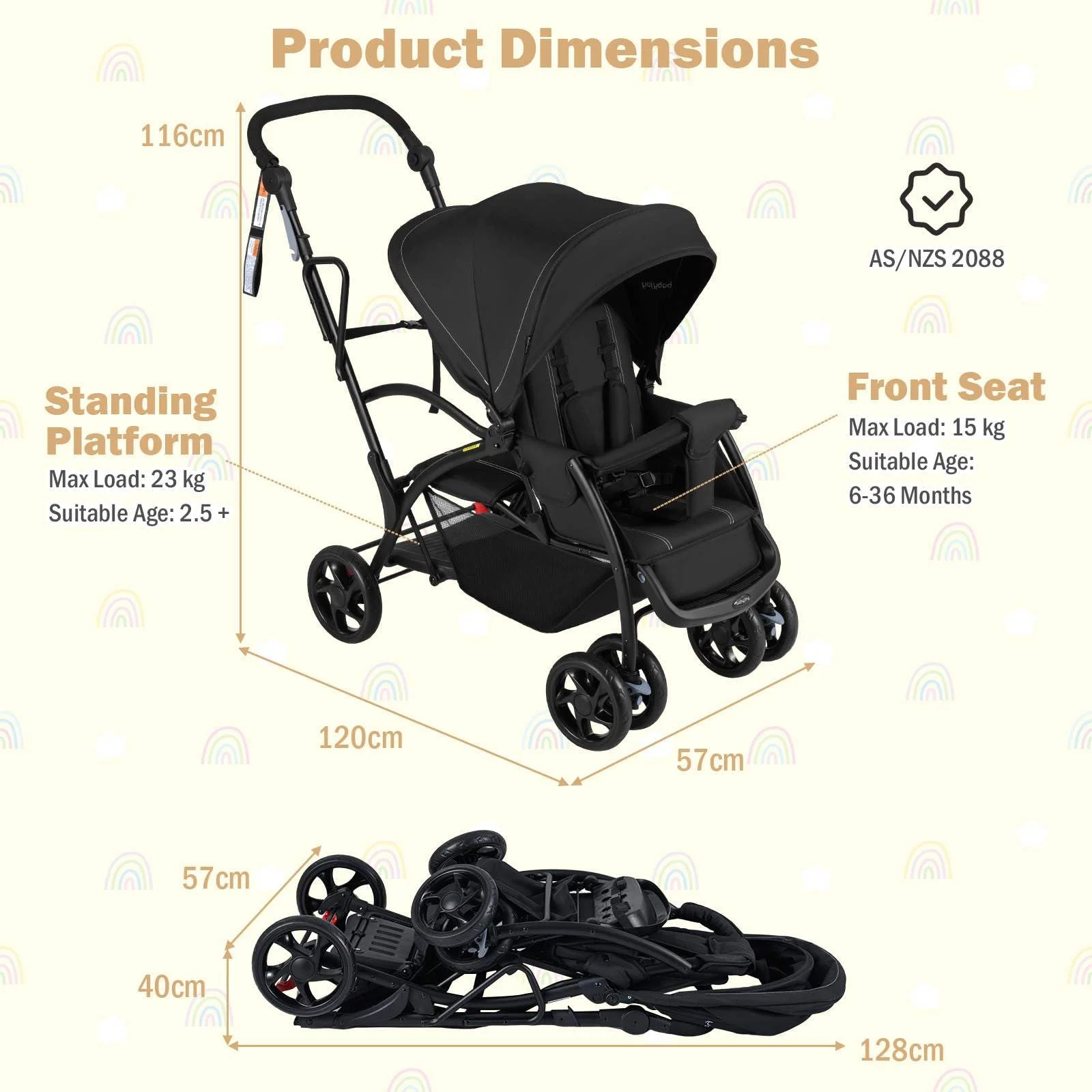 Sit and Stand Stroller, Foldable Double Stroller with Wristband - Image 3