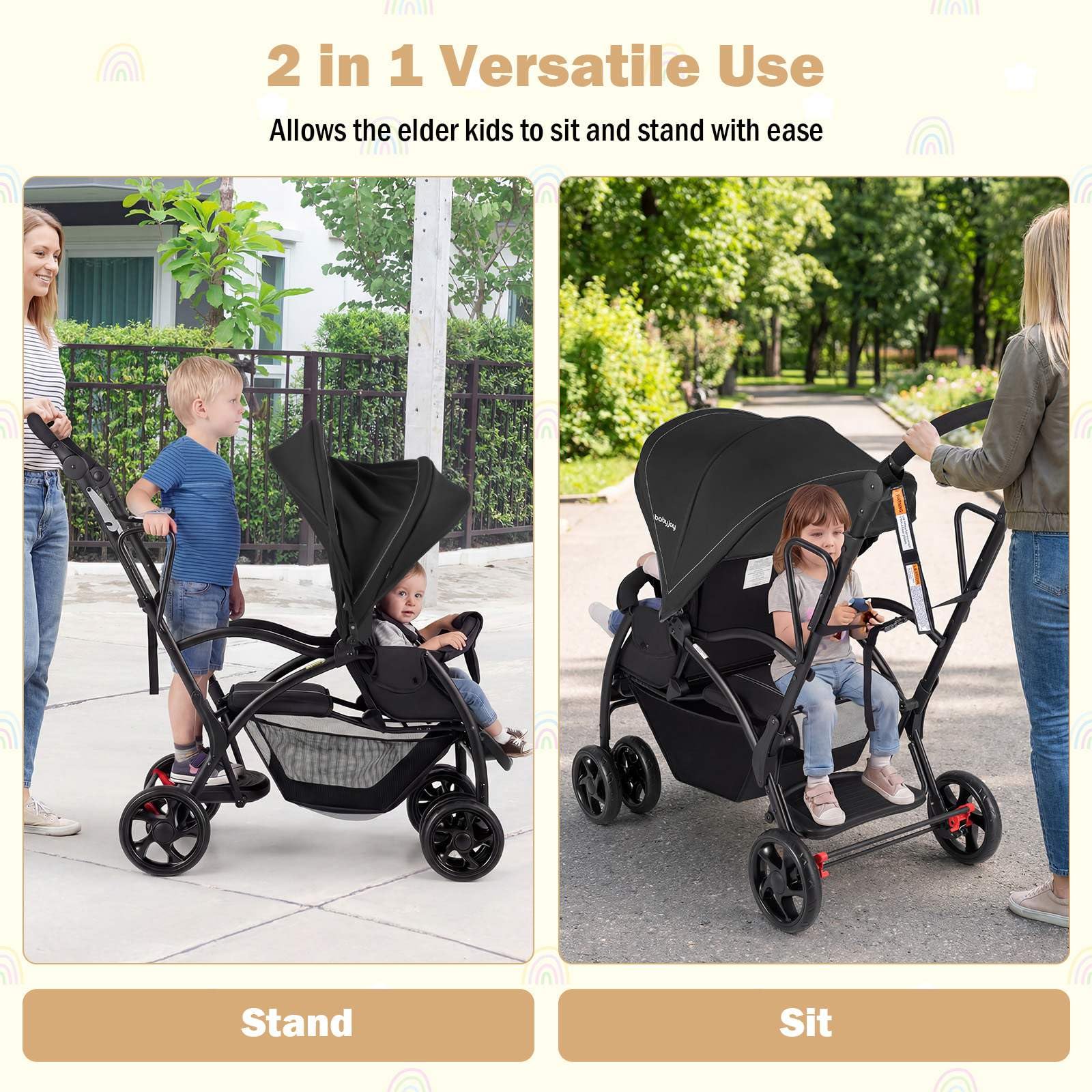 Sit and Stand Stroller, Foldable Double Stroller with Wristband - Image 4