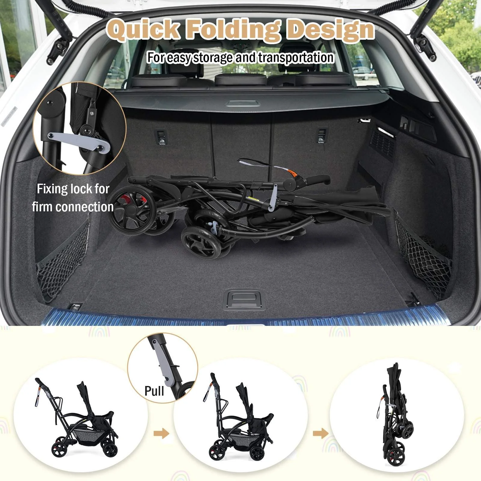 Sit and Stand Stroller, Foldable Double Stroller with Wristband - Image 5