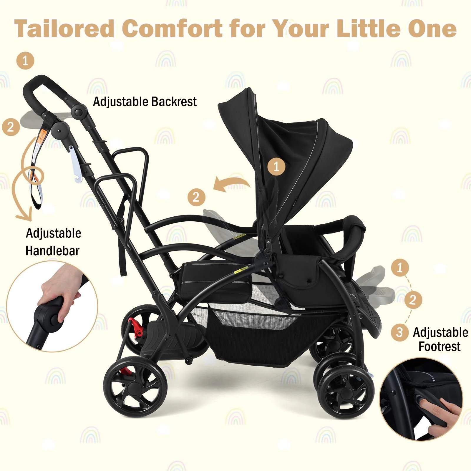 Sit and Stand Stroller, Foldable Double Stroller with Wristband - Image 6