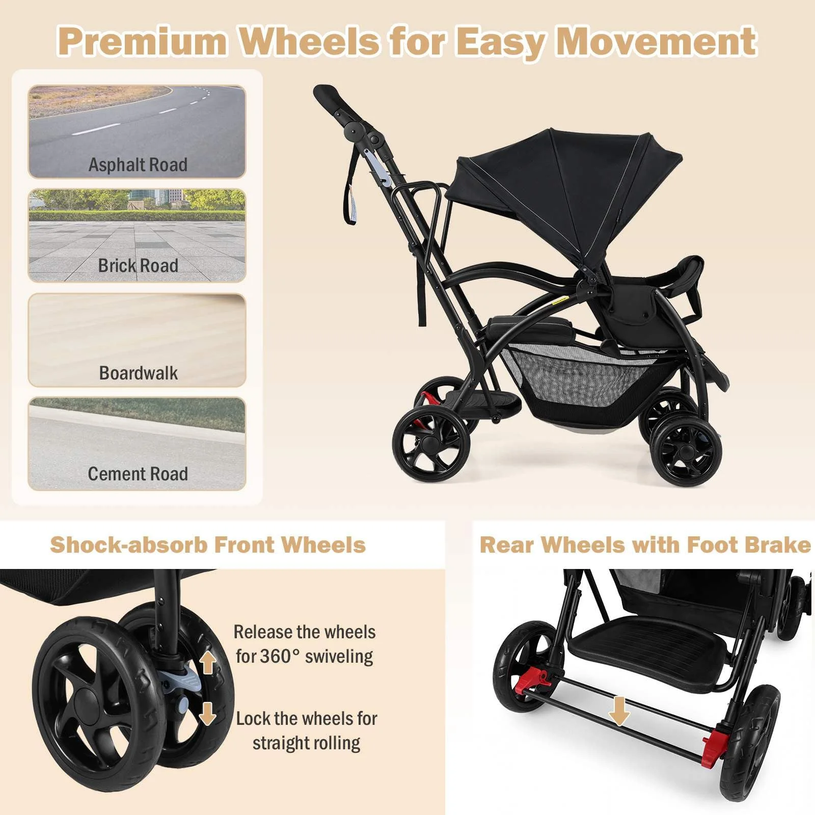 Sit and Stand Stroller, Foldable Double Stroller with Wristband - Image 8