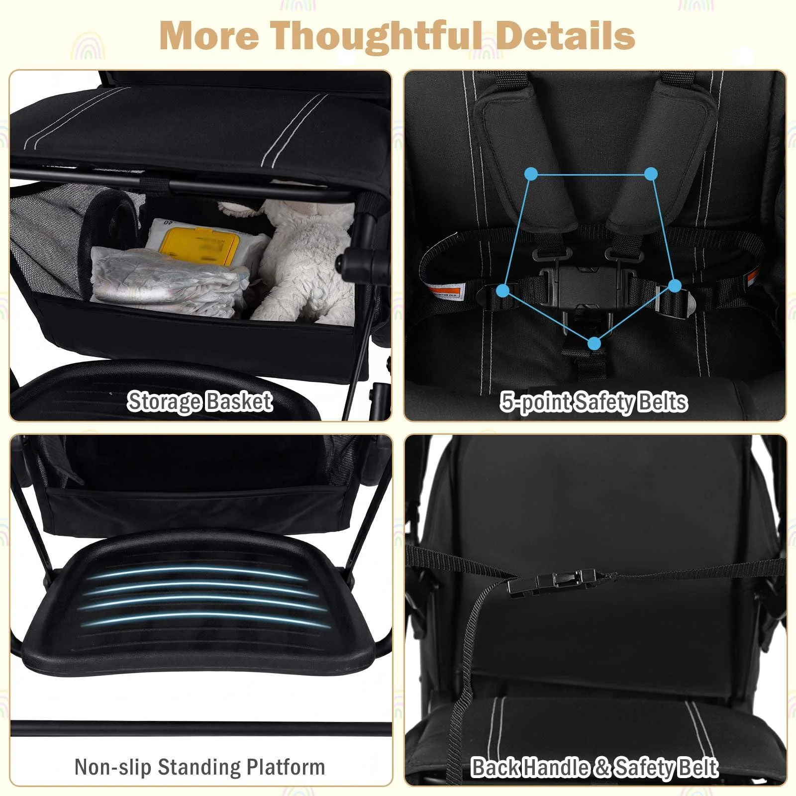 Sit and Stand Stroller, Foldable Double Stroller with Wristband - Image 9