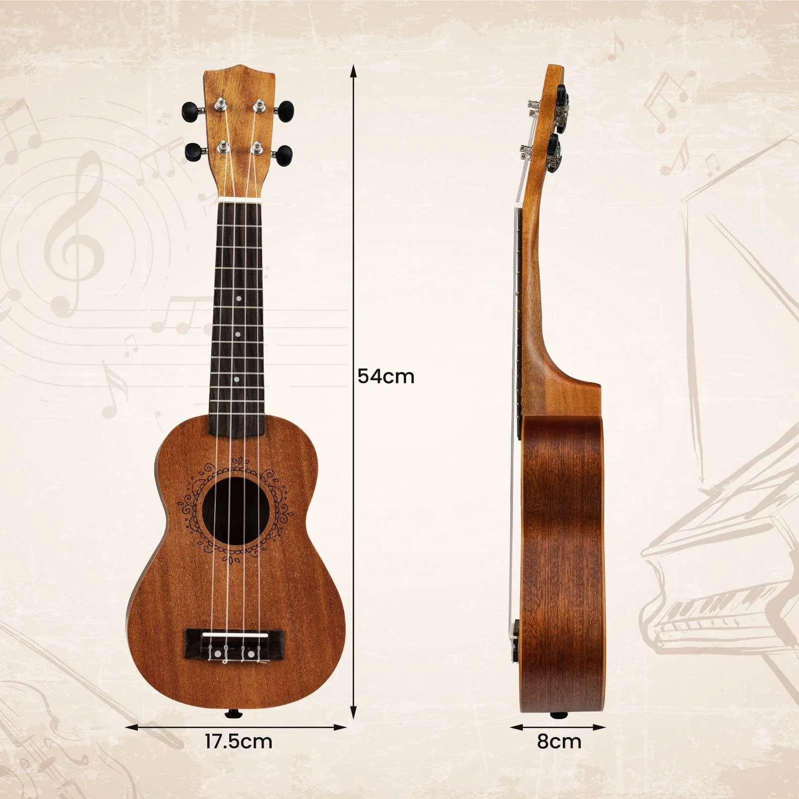 Soprano Mahogany Wooden Ukelele Set with Gig Bag and Adjustable Strap - Image 3