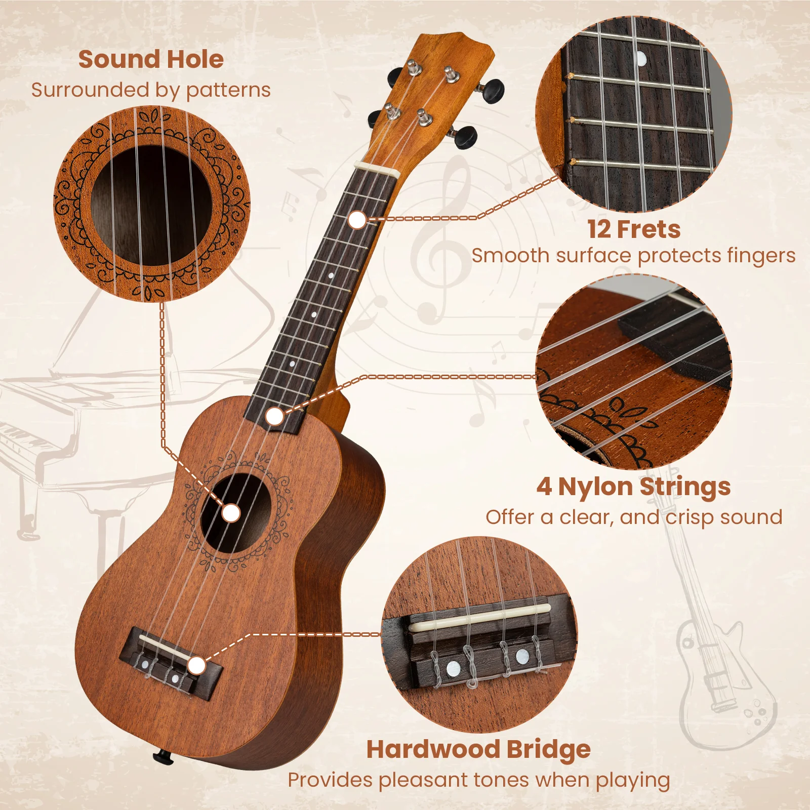 Soprano Mahogany Wooden Ukelele Set with Gig Bag and Adjustable Strap - Image 6