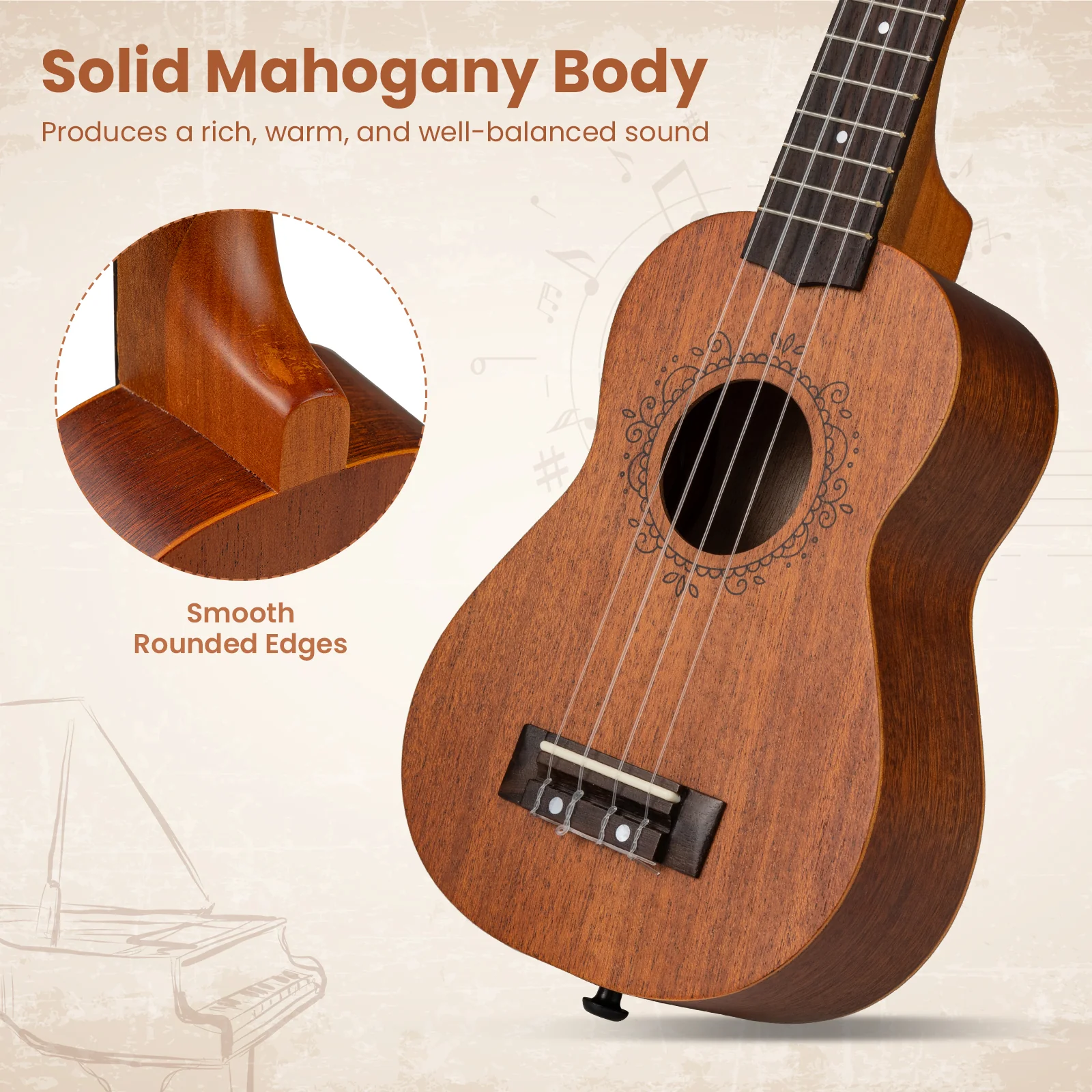 Soprano Mahogany Wooden Ukelele Set with Gig Bag and Adjustable Strap - Image 8