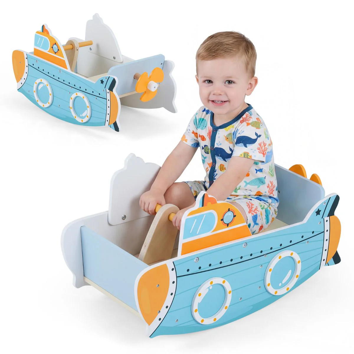Submarine-Themed Wooden Rocking Boat with Rotating Propeller