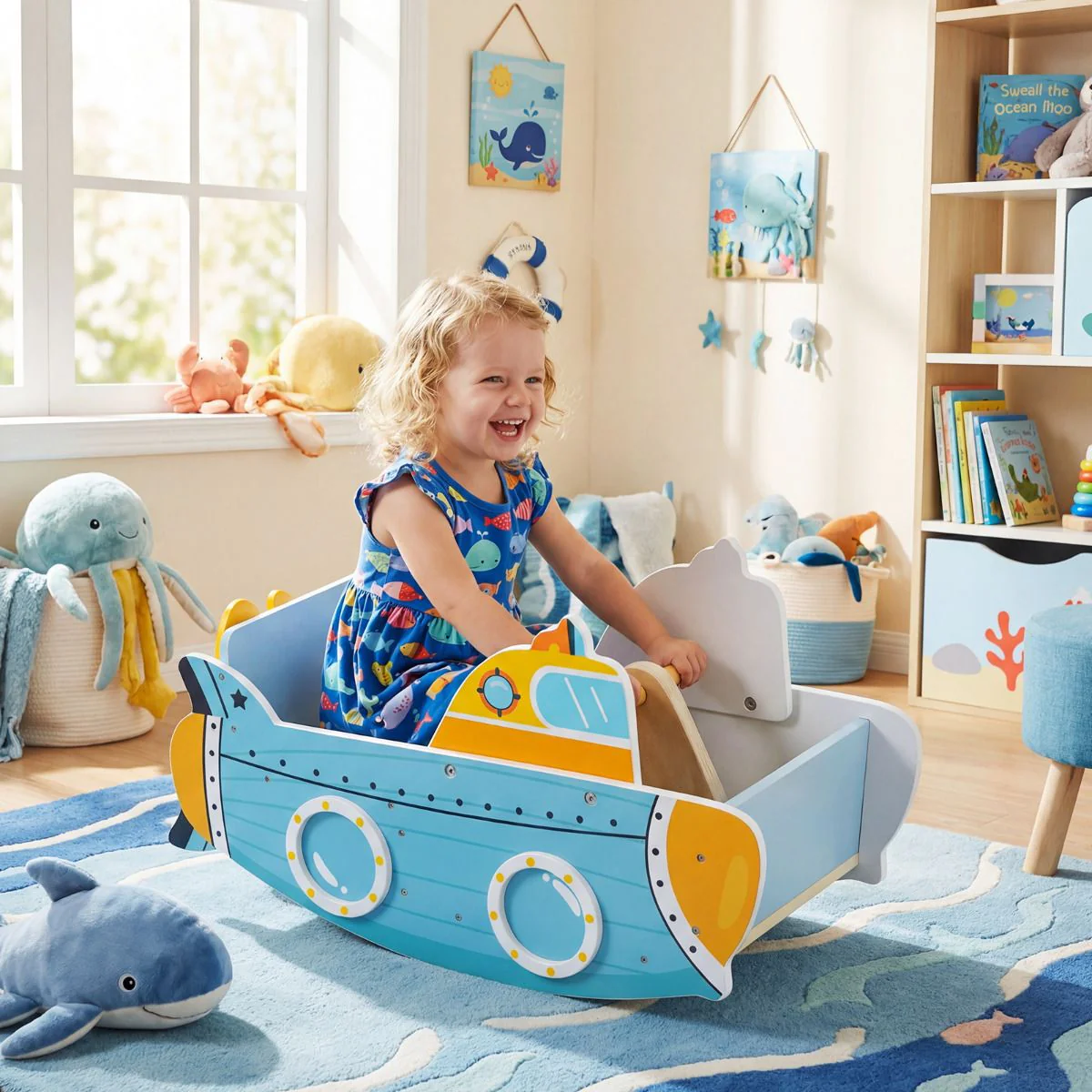 Submarine-Themed Wooden Rocking Boat with Rotating Propeller - Image 2