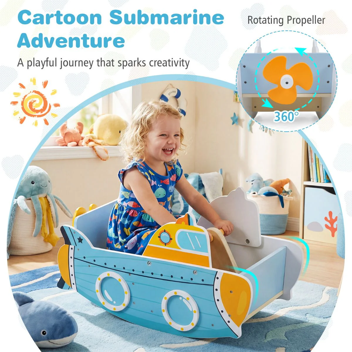 Submarine-Themed Wooden Rocking Boat with Rotating Propeller - Image 4