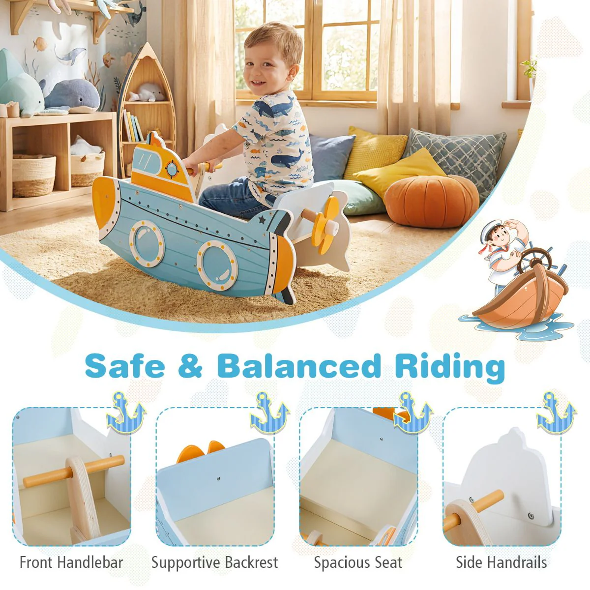Submarine-Themed Wooden Rocking Boat with Rotating Propeller - Image 5