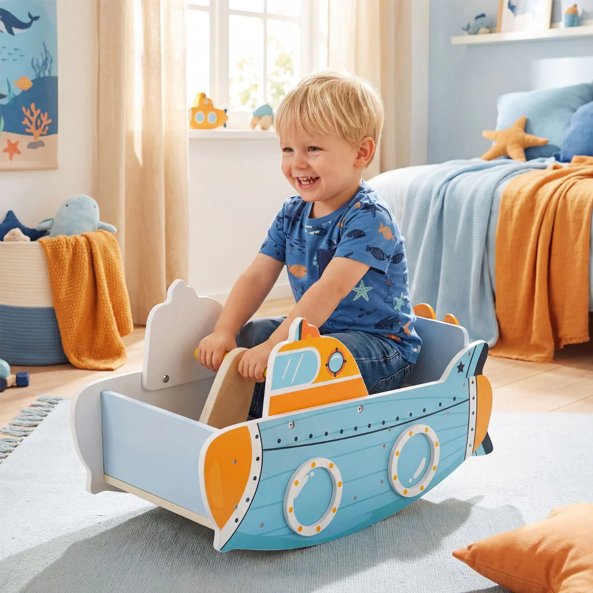Submarine-Themed Wooden Rocking Boat with Rotating Propeller - Image 8