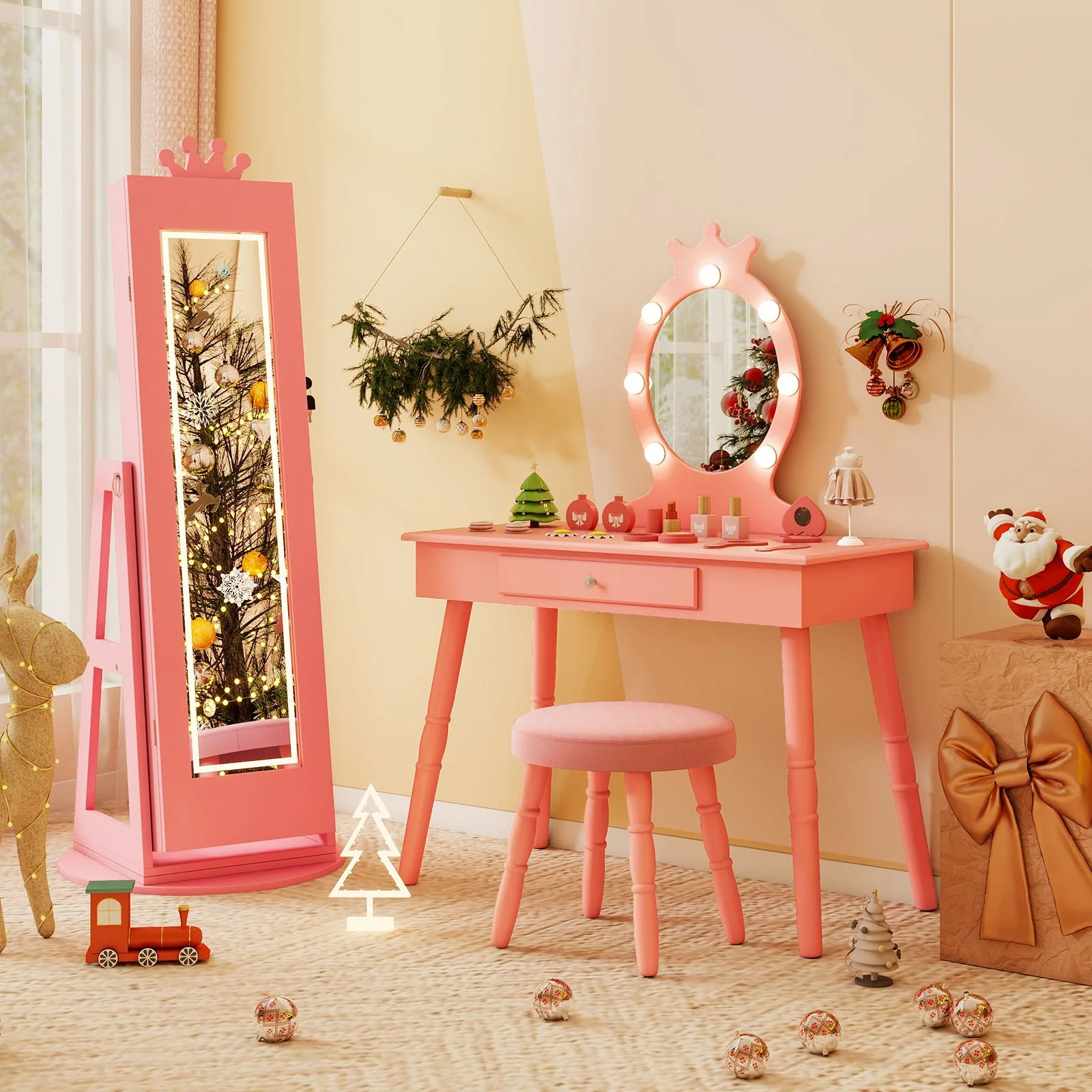 Swivel Kids Jewelry Cabinet with Lights and Built-in Mirror - Image 10