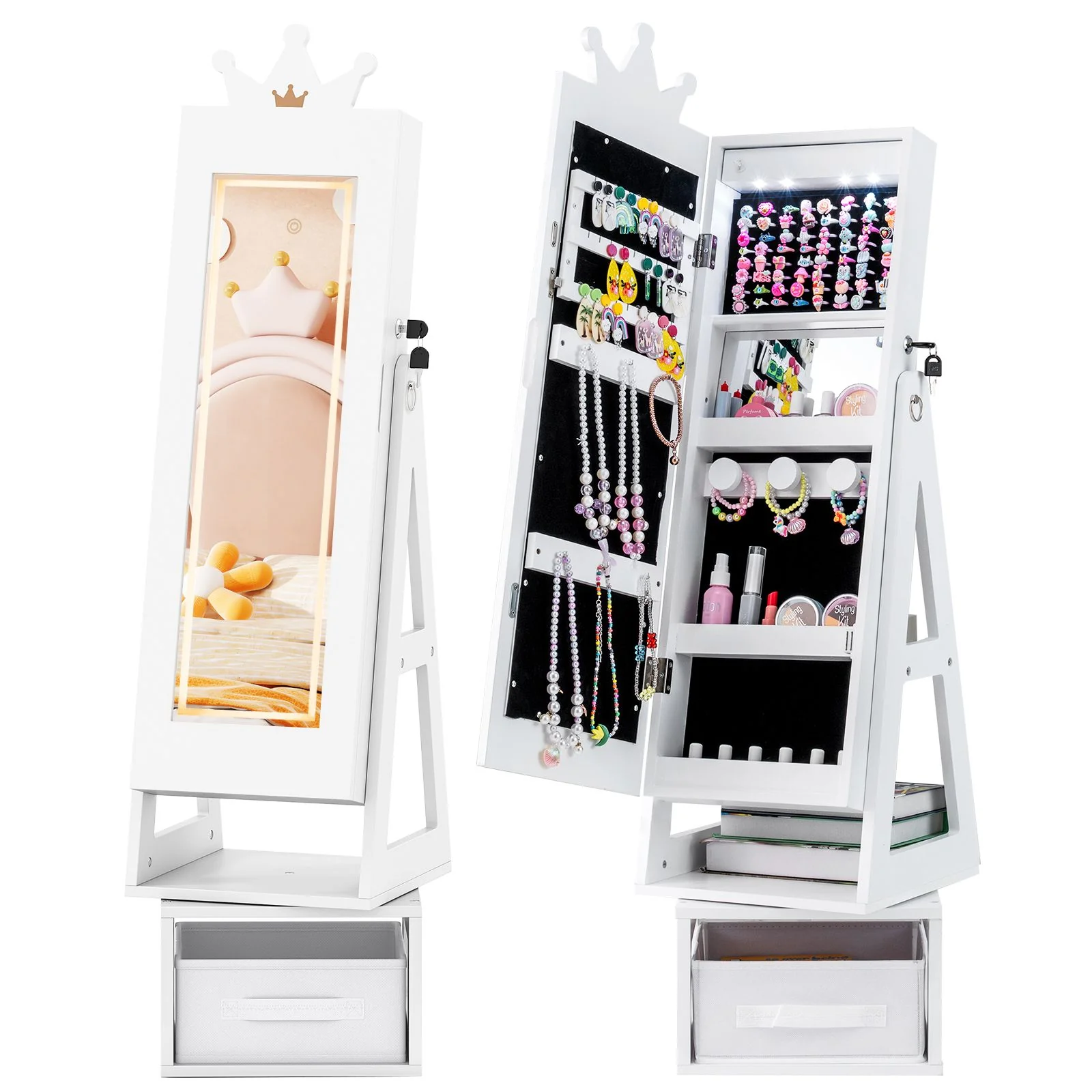 Swivel Kids Jewelry Cabinet with Lights and Full-Length Mirror - Image 12
