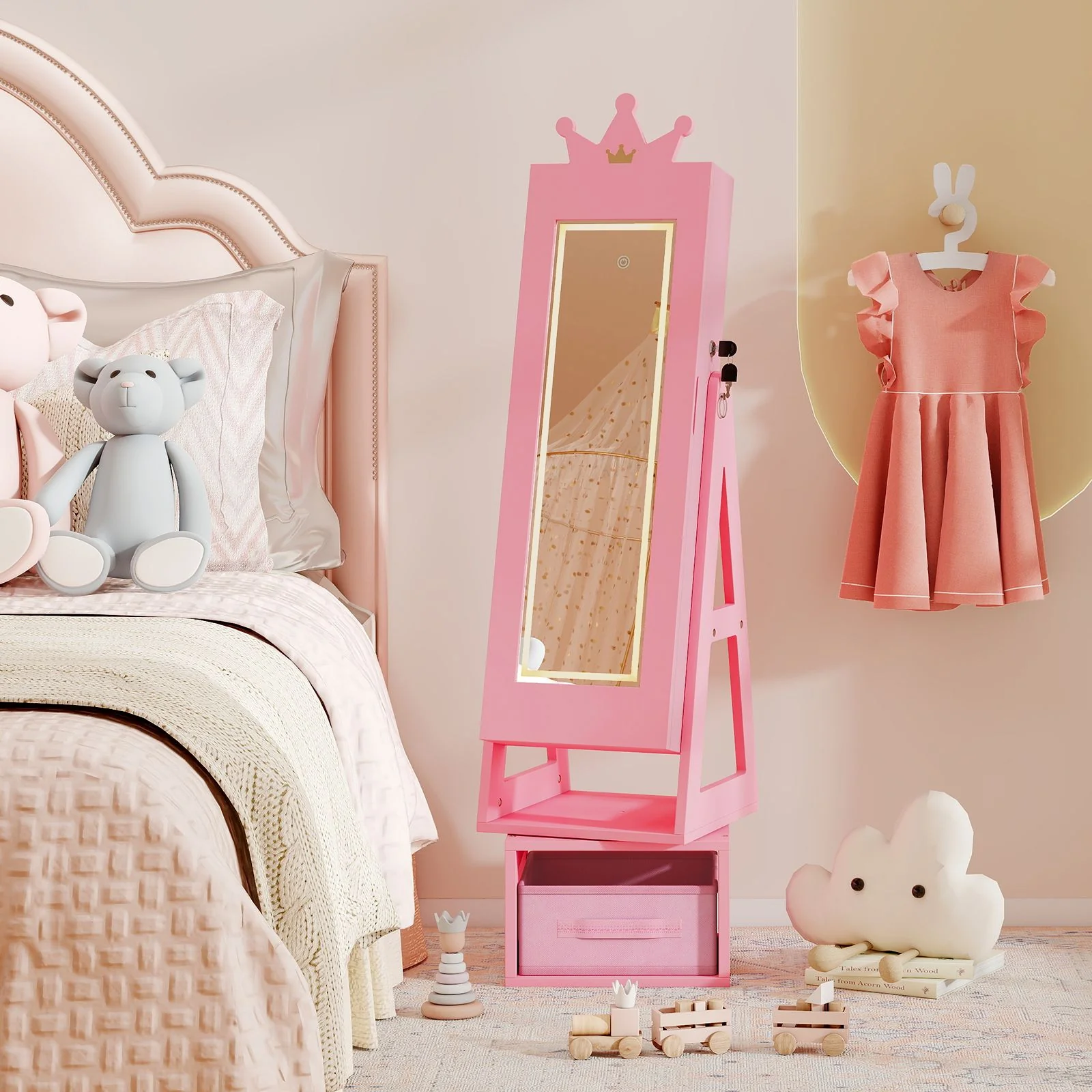 Swivel Kids Jewelry Cabinet with Lights and Full-Length Mirror - Image 2