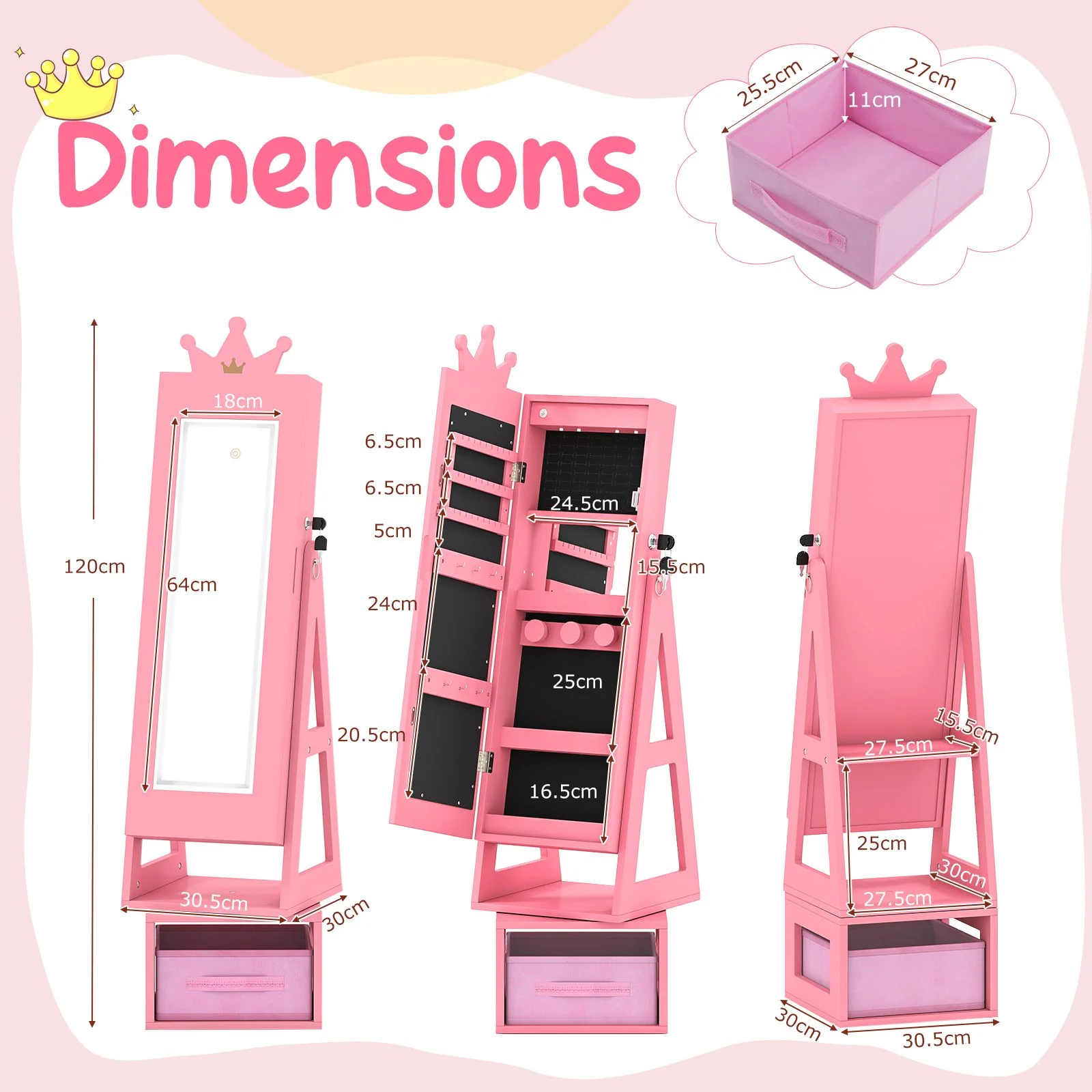 Swivel Kids Jewelry Cabinet with Lights and Full-Length Mirror - Image 3