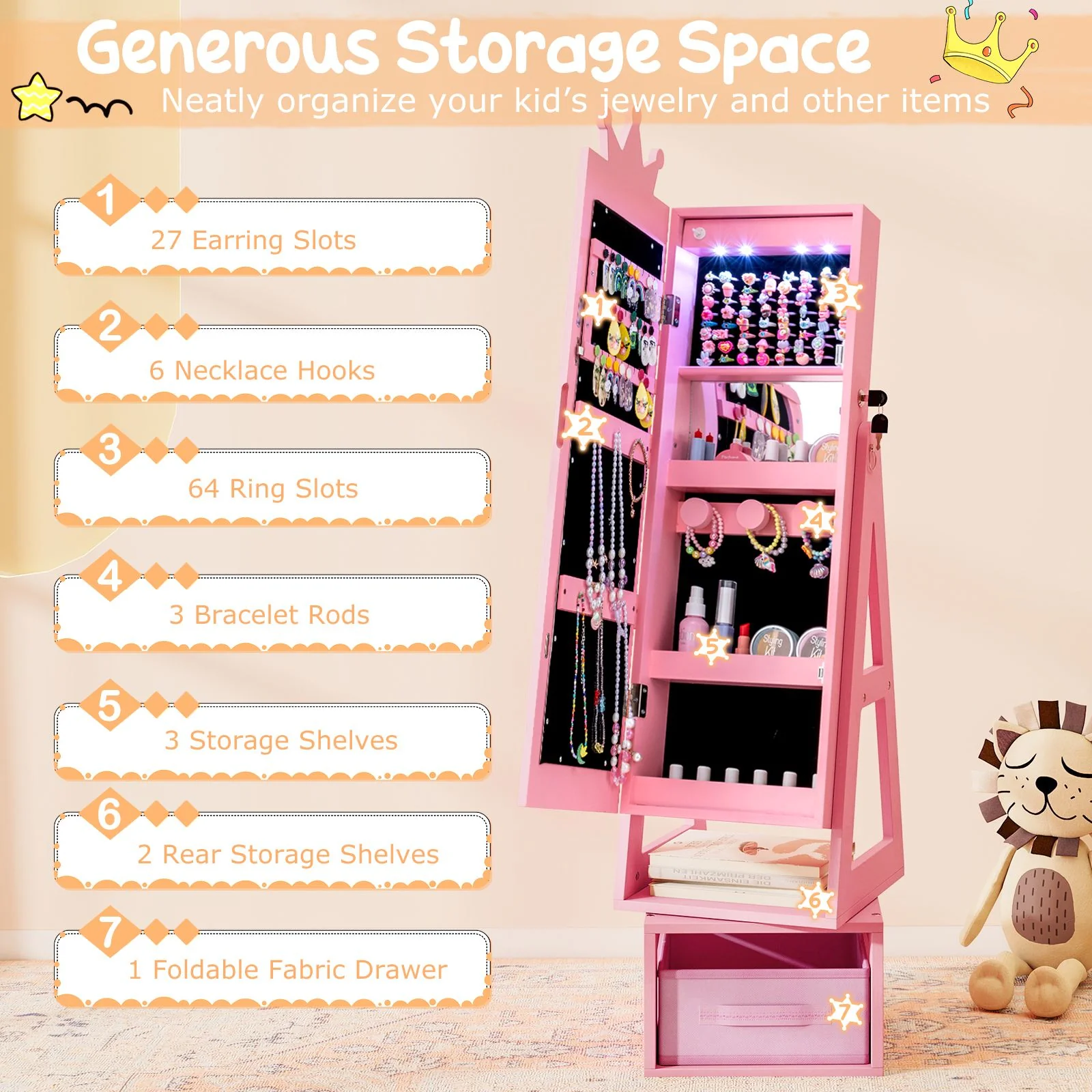 Swivel Kids Jewelry Cabinet with Lights and Full-Length Mirror - Image 4