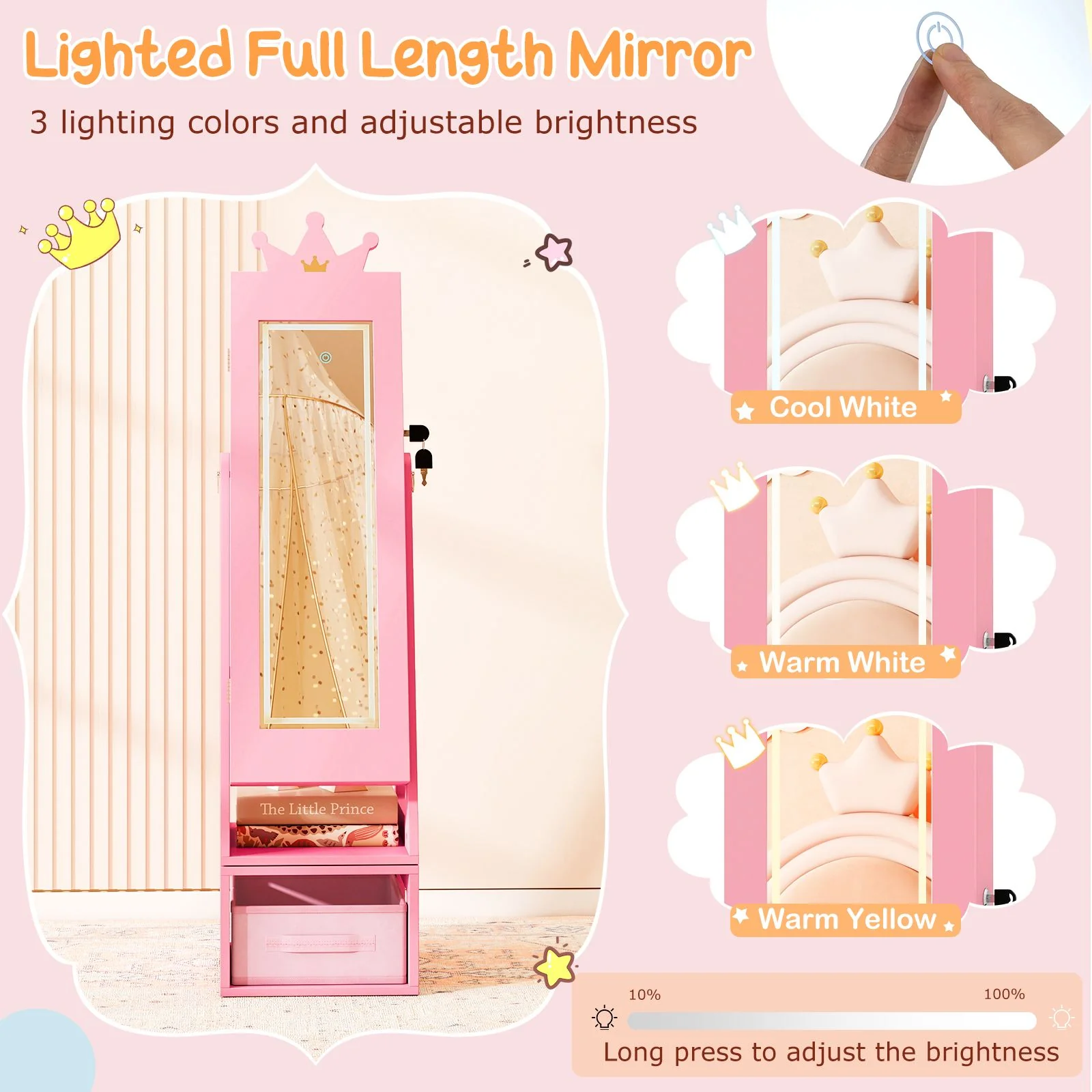 Swivel Kids Jewelry Cabinet with Lights and Full-Length Mirror - Image 5