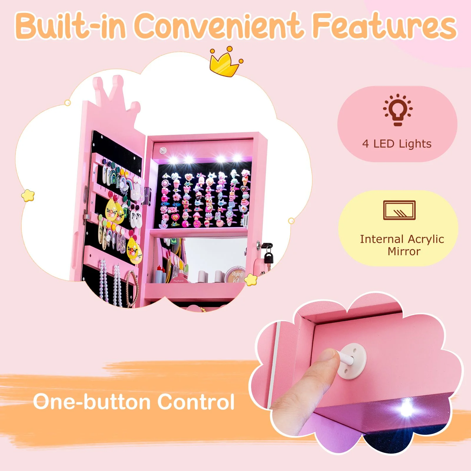 Swivel Kids Jewelry Cabinet with Lights and Full-Length Mirror - Image 6