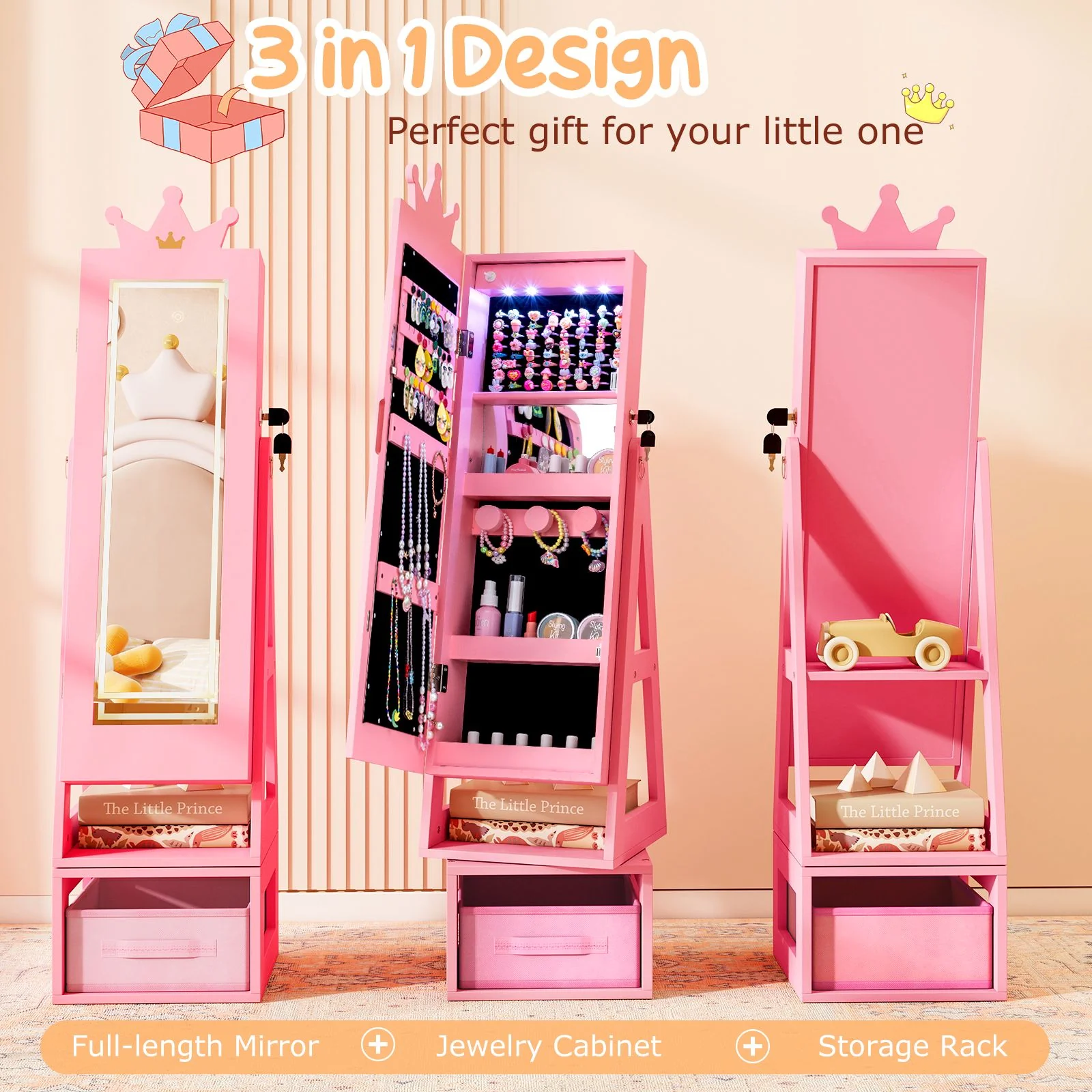 Swivel Kids Jewelry Cabinet with Lights and Full-Length Mirror - Image 7