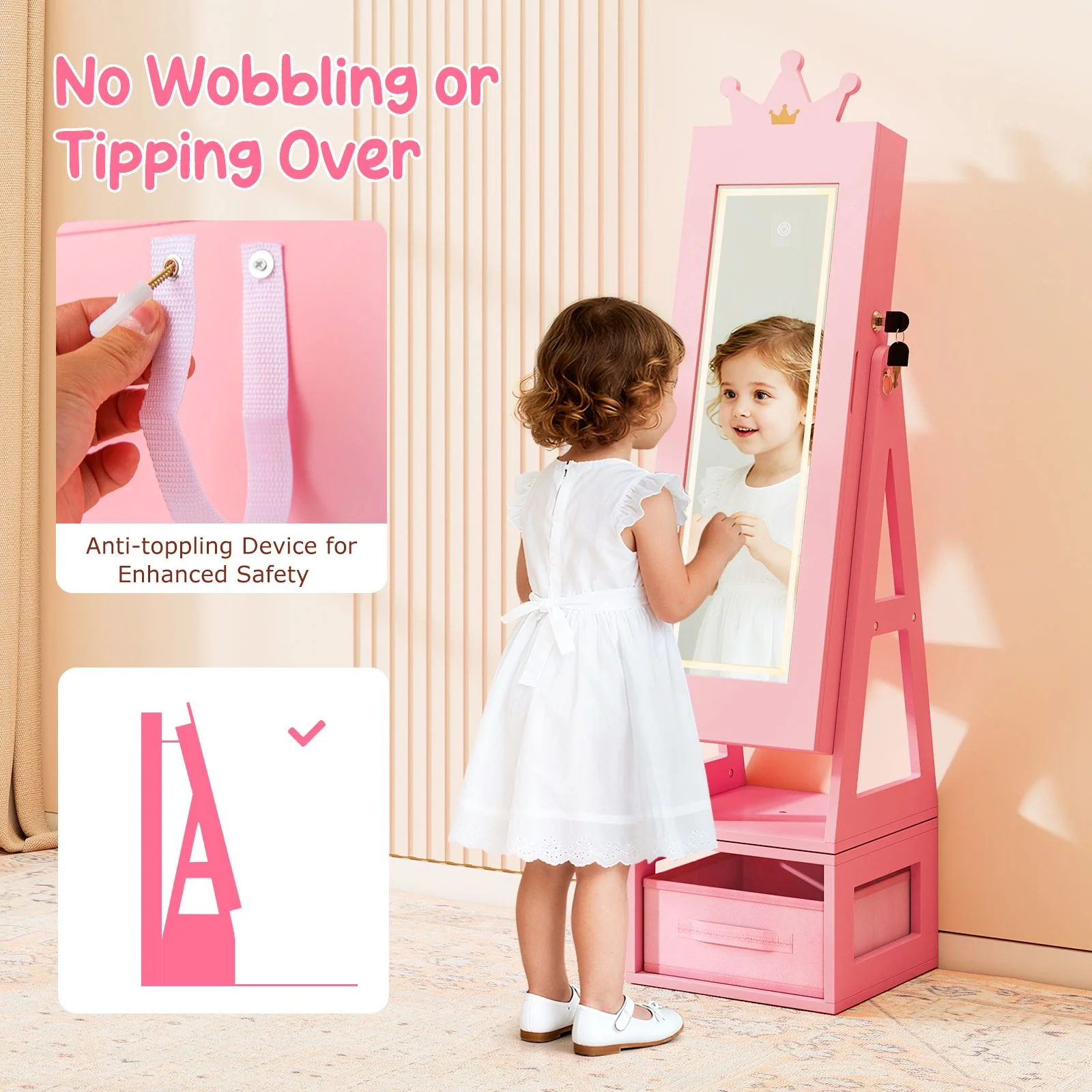 Swivel Kids Jewelry Cabinet with Lights and Full-Length Mirror - Image 8